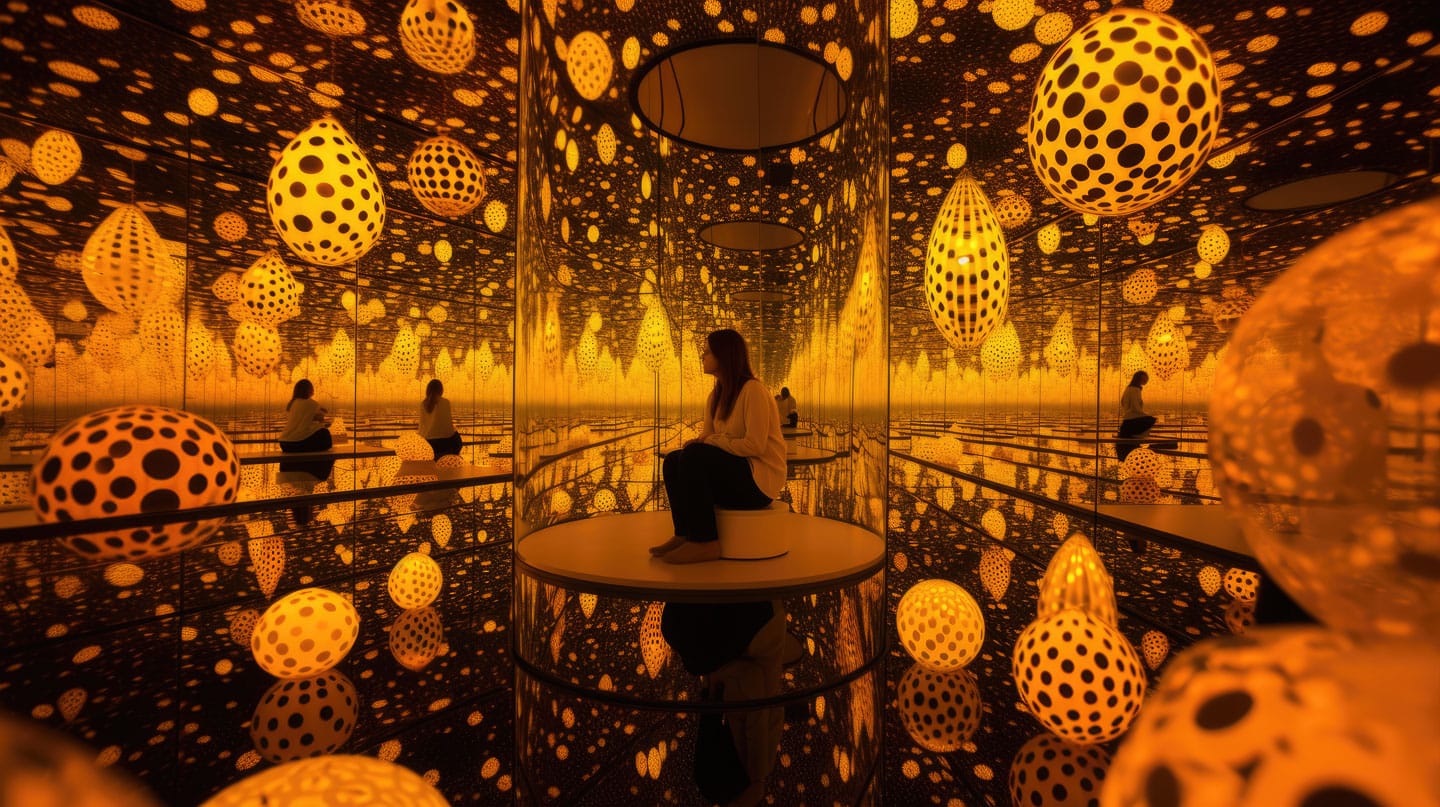 Midjourney prompt for Yayoi Kusama's mirror room, featuring polka dots, vibrant colors, dynamic compositions, and artistic integration.