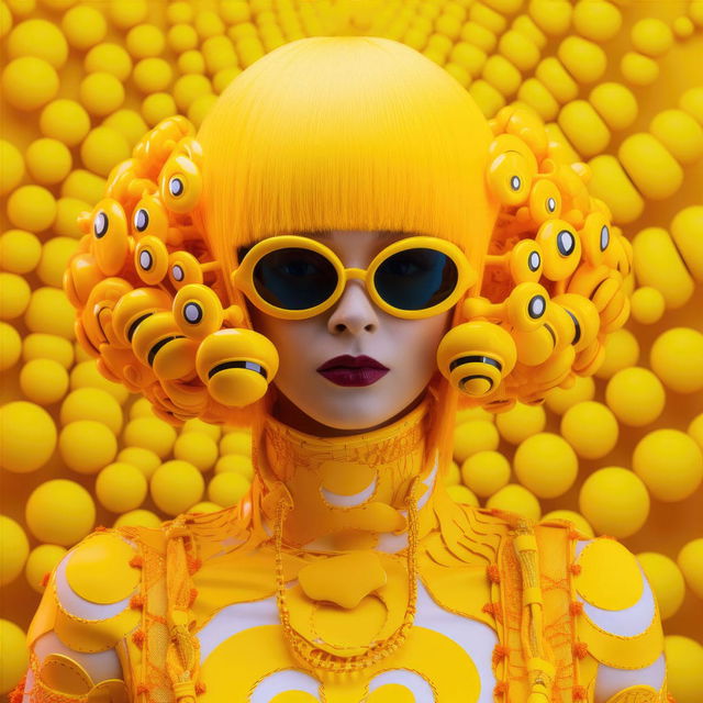 Cyberpunk character inspired by Yayoi Kusama, featuring vibrant yellow colors, polka dots, and unique patterns. Midjourney prompt techniques applied.