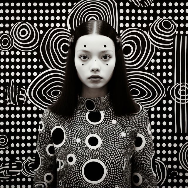 Midjourney prompt featuring Yayoi Kusama's polka dots, patterns, and avant-garde style with dynamic compositions.