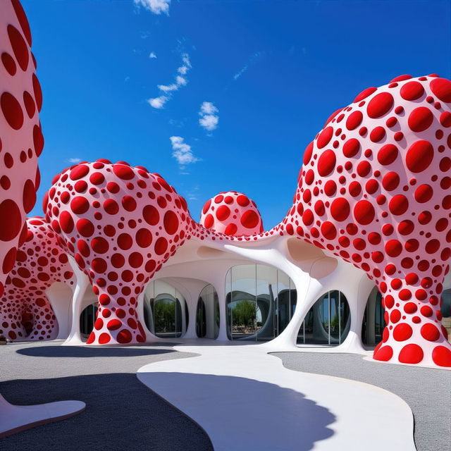 Bioarchitecture inspired by Yayoi Kusama featuring polka dots and vibrant colors, utilizing Midjourney prompt techniques for artistic integration.