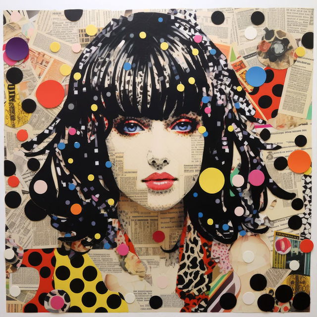 Yayoi Kusama-inspired collage with vibrant colors, polka dots, and newspaper cutouts. Midjourney prompt techniques for artistic integration. --v 5.2