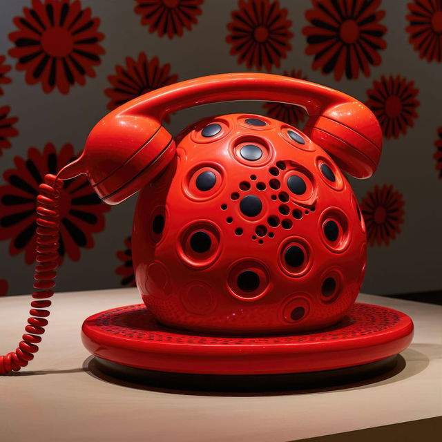 Yayoi Kusama-inspired red telephone with polka dots, showcasing Midjourney prompt engineering techniques and artistic integration.