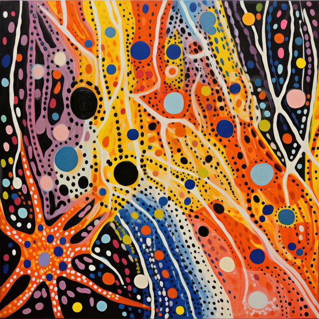 Abstract expressionist painting inspired by Yayoi Kusama, featuring vibrant colors and polka dots, showcasing Midjourney prompt engineering techniques.