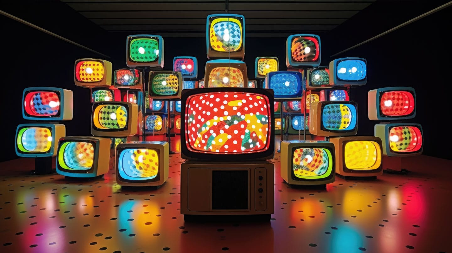 Midjourney prompt showcasing Yayoi Kusama's polka dots and vibrant colors through dynamic compositions of vintage televisions.