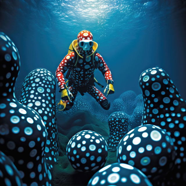 Underwater sculpture inspired by Yayoi Kusama, featuring polka dots and vibrant colors, created using Midjourney prompt techniques.