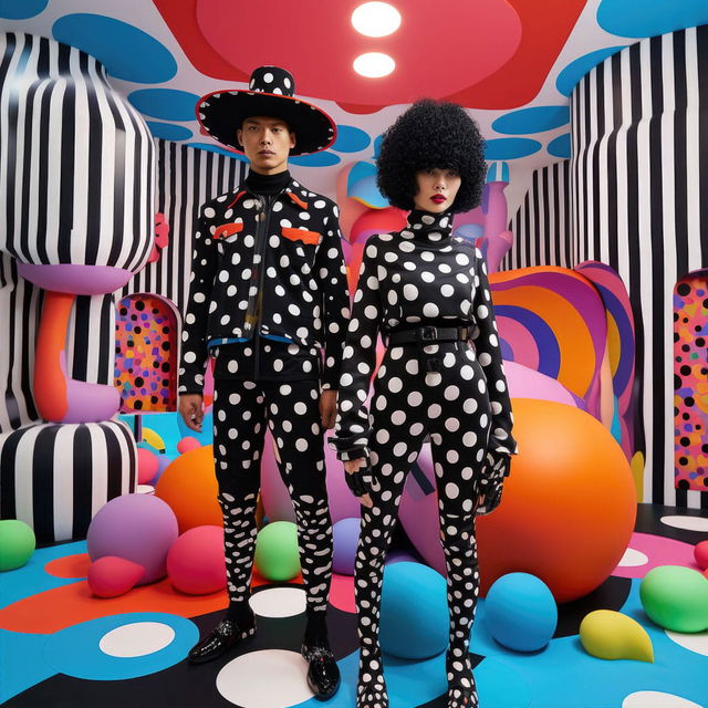 Midjourney prompt featuring Yayoi Kusama's polka dots, vibrant colors, dynamic compositions, artistic integration, and avant-garde style.