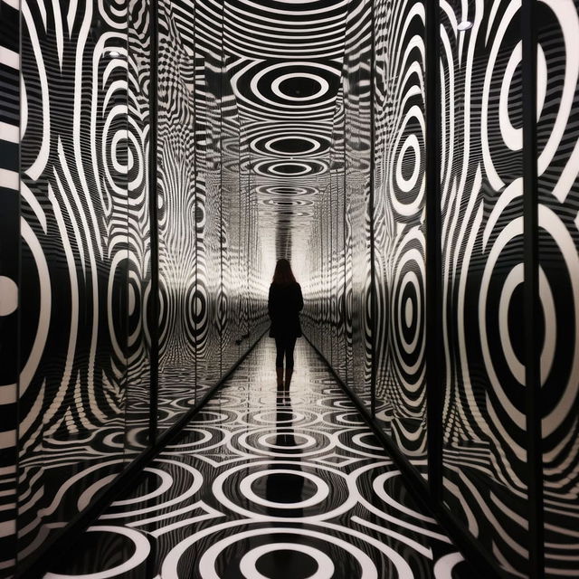 Infinity mirror room with Bridget Riley patterns, showcasing Midjourney prompt engineering techniques for vibrant compositions.