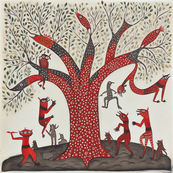 Gond painting style, Midjourney V5 — pick 14 of 20, picture 1 of 4