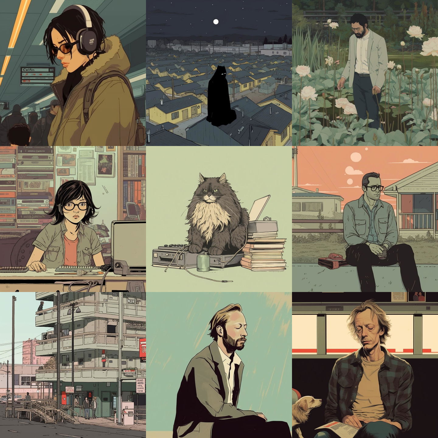 Adrian Tomine style, Midjourney V5.1: cyberpunk character by Adrian Tomine