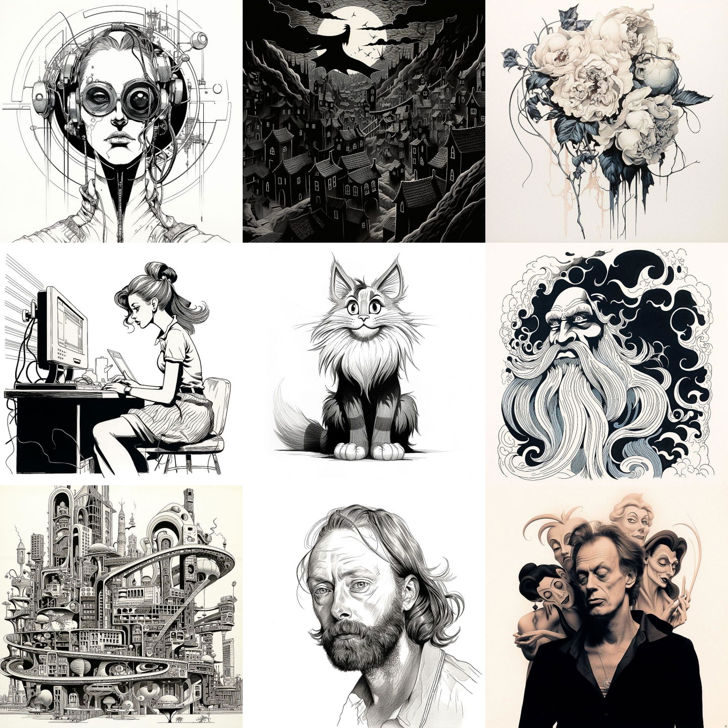 Al Hirschfeld style, Midjourney V5.2: cyberpunk character by Al Hirschfeld