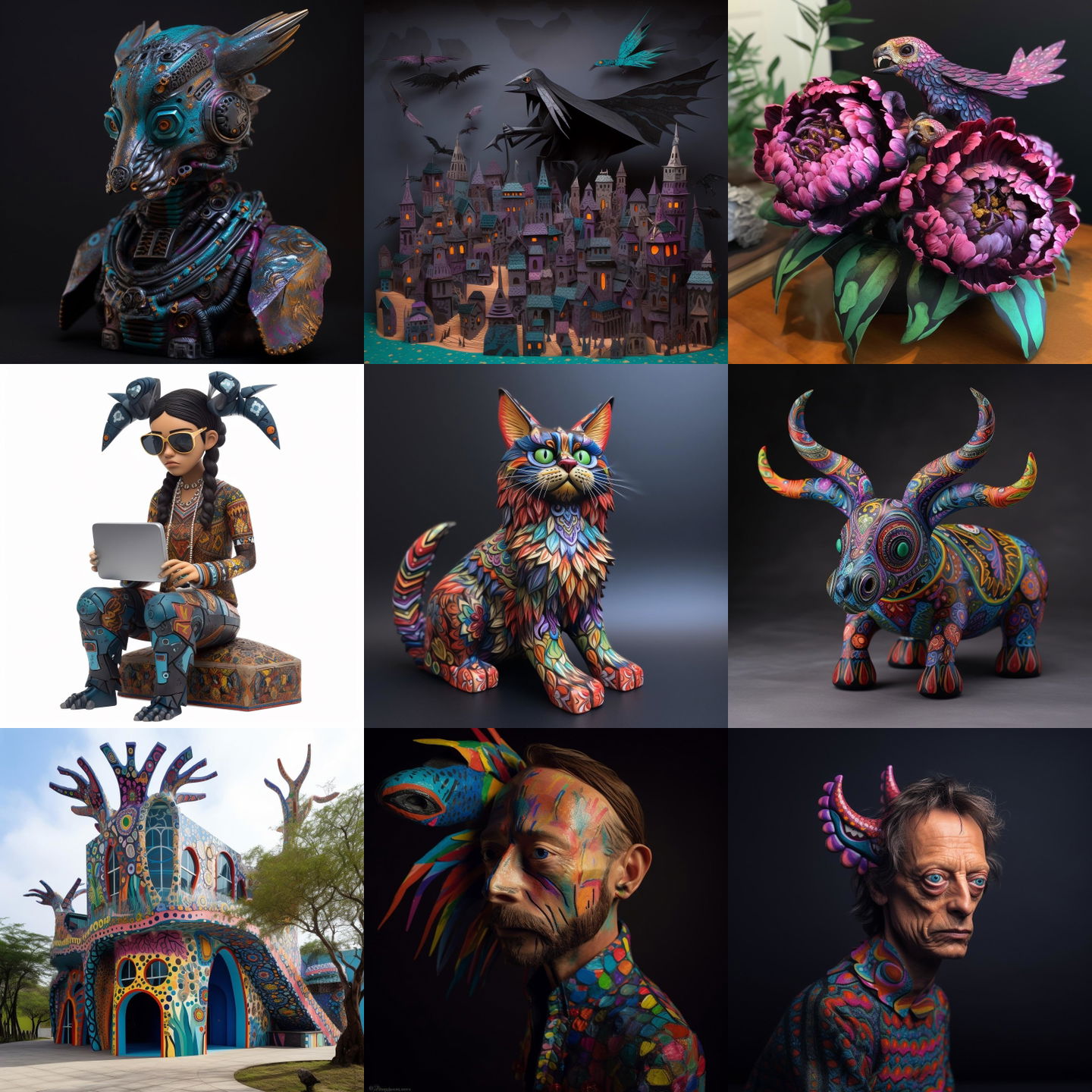 Alebrije style, Midjourney V5: cyberpunk character in Alebrije style