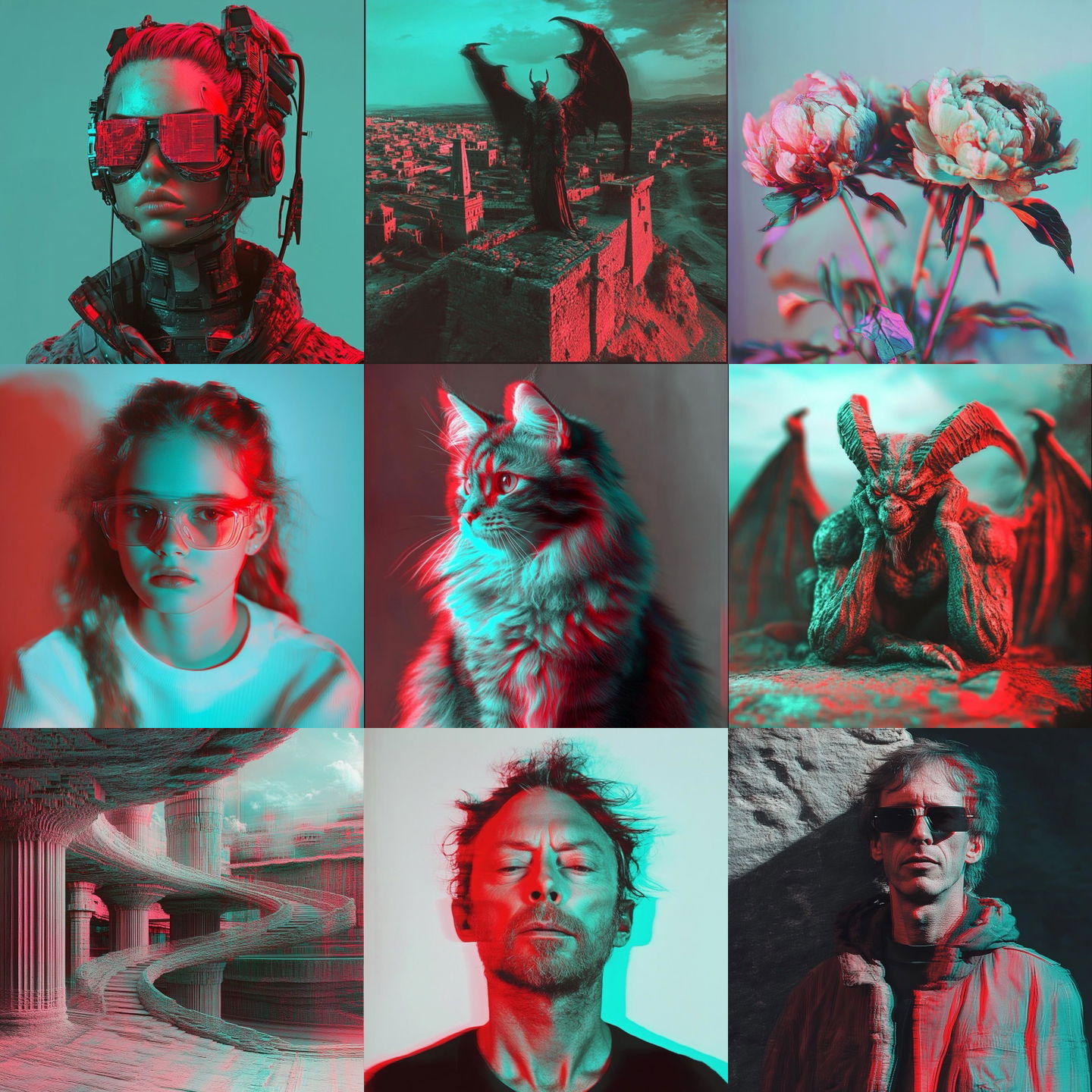 Anaglyph style, Midjourney V6.1: cyberpunk character as Anaglyph