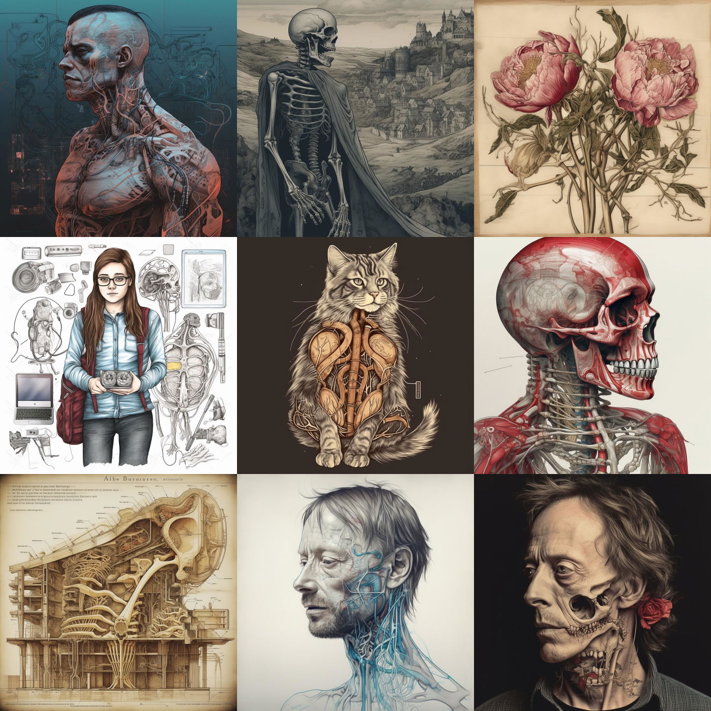 Anatomical illustration style, Midjourney V5: cyberpunk character as Anatomical illustration