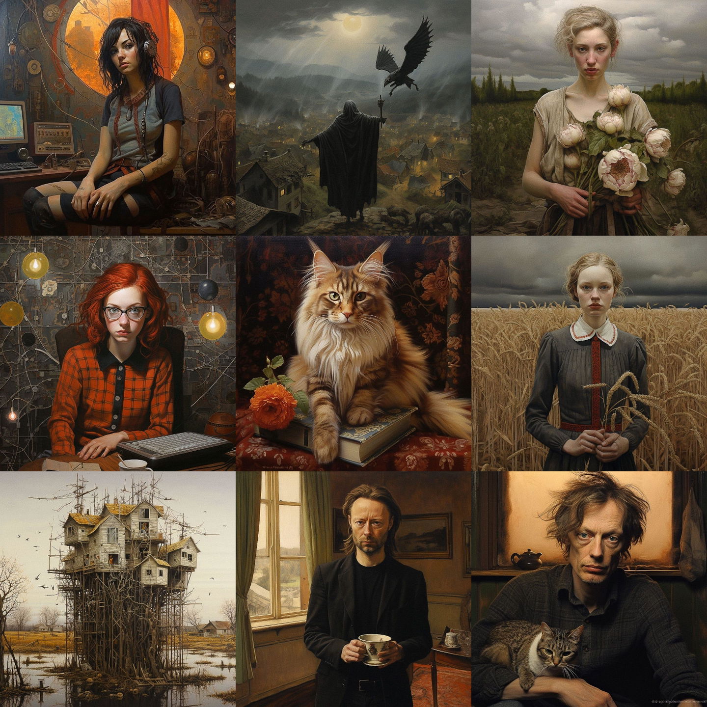Andrea Kowch style, Midjourney V5.2: cyberpunk character by Andrea Kowch