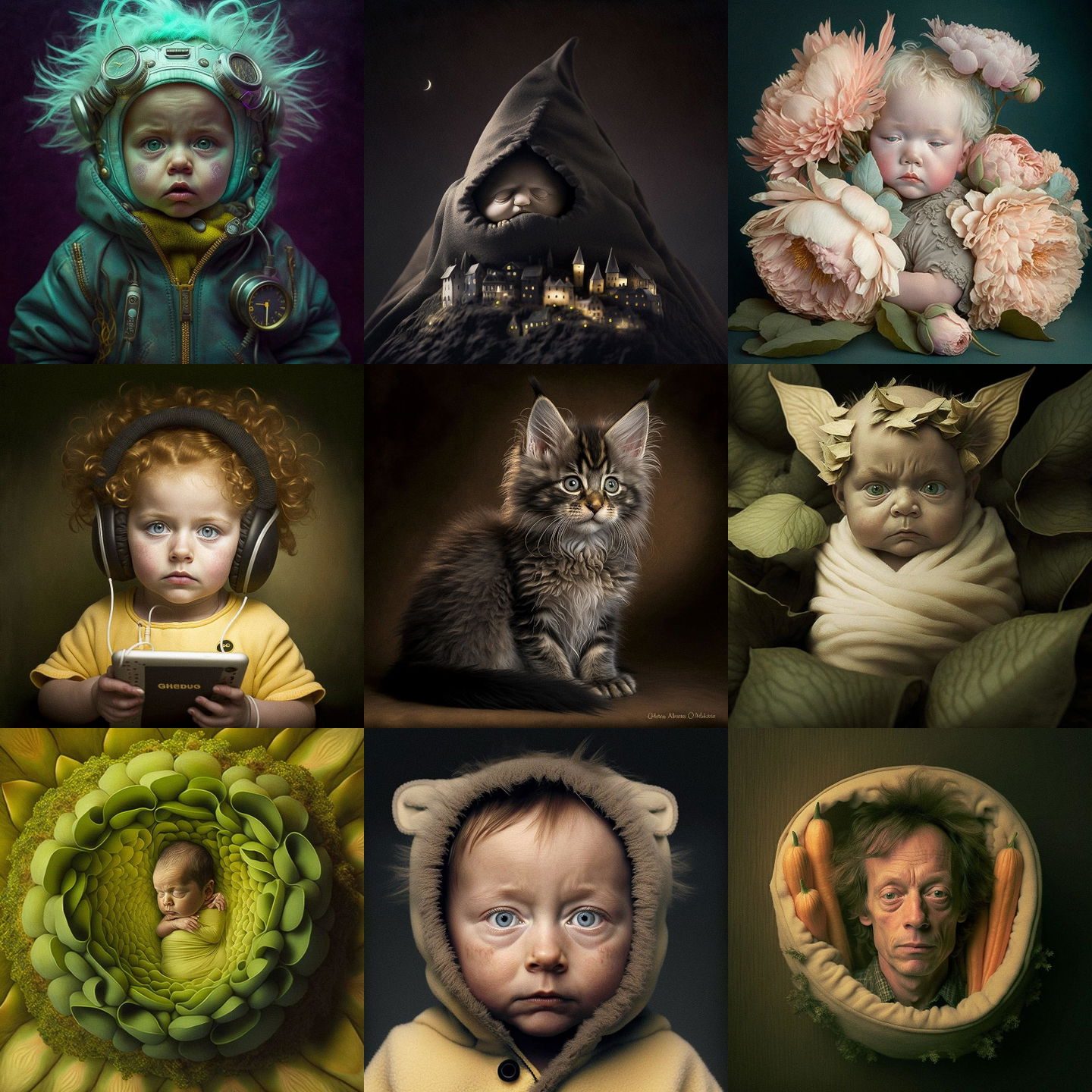 Anne Geddes style, Midjourney V4: cyberpunk character by Anne Geddes