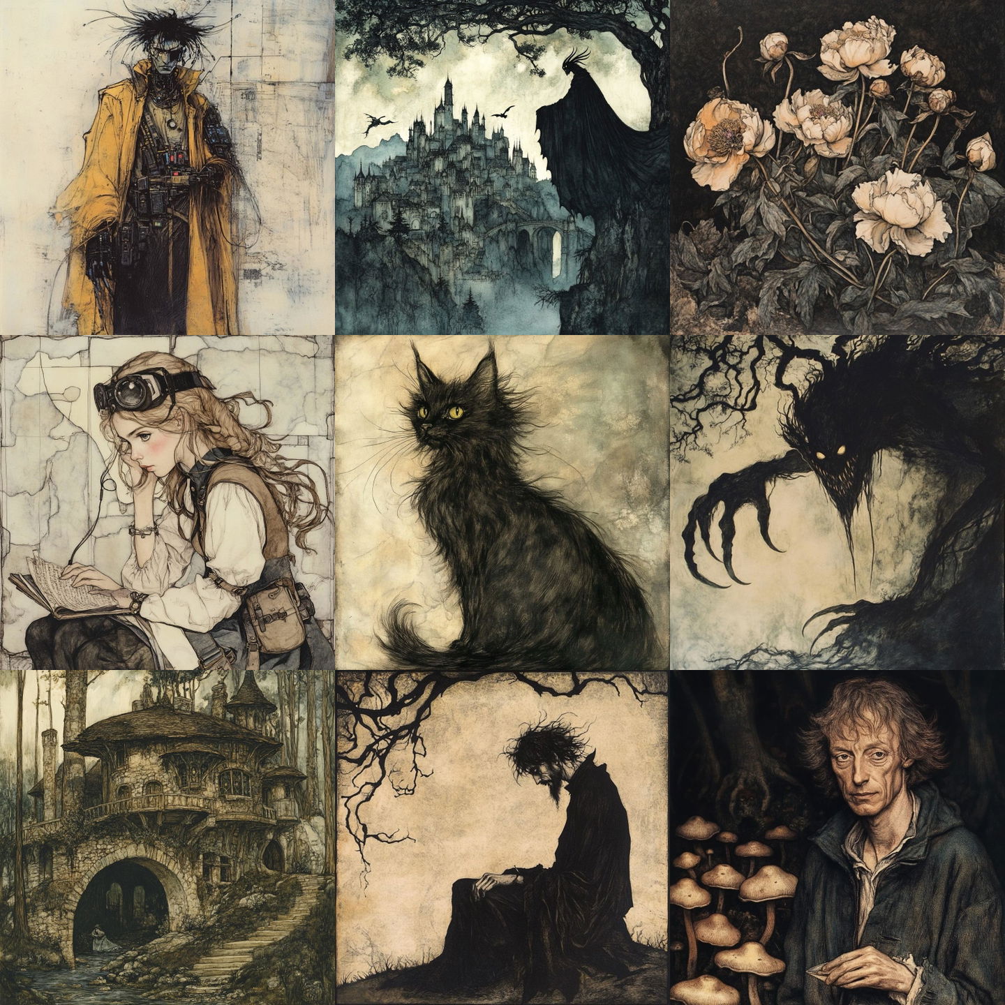 Arthur Rackham style, Midjourney V6.1: cyberpunk character by Arthur Rackham
