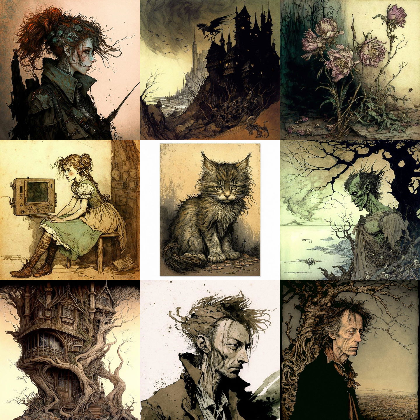 Arthur Rackham style, Midjourney V4: cyberpunk character by Arthur Rackham