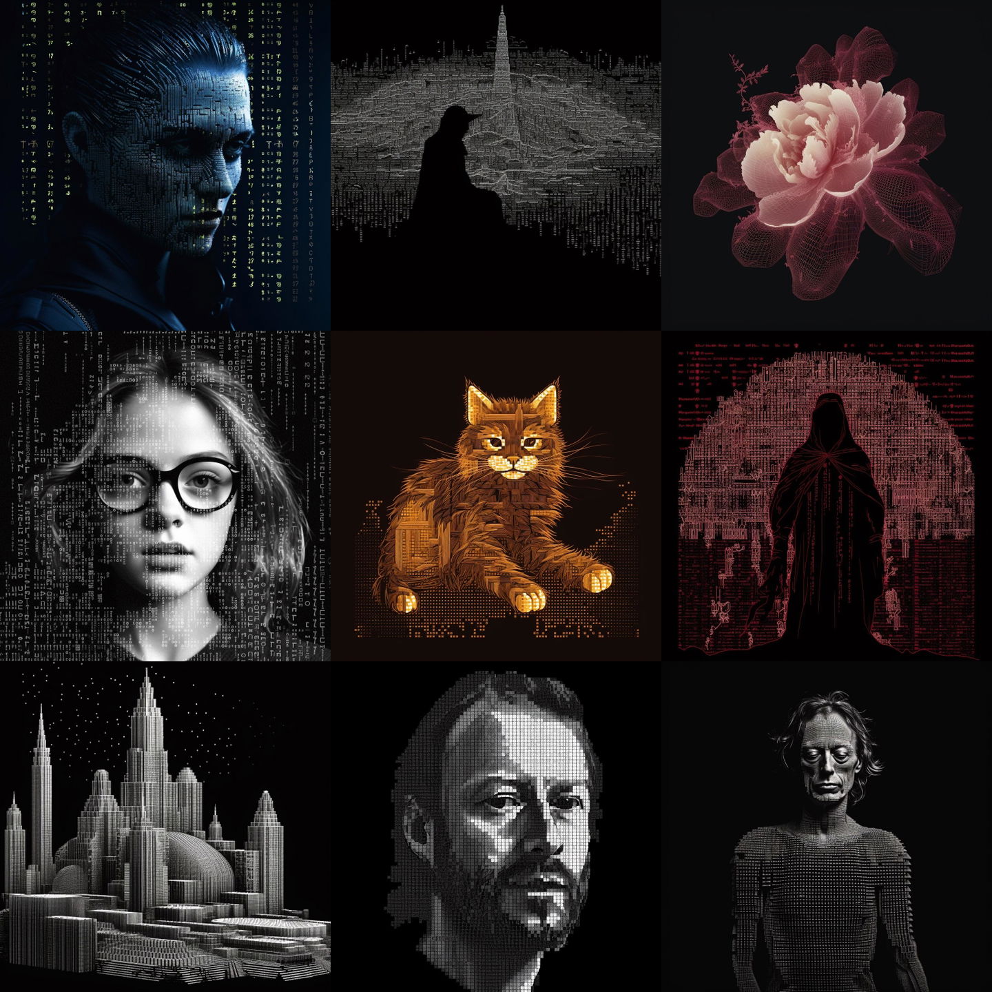 ASCII art style, Midjourney V5.1: cyberpunk character in style of ASCII art