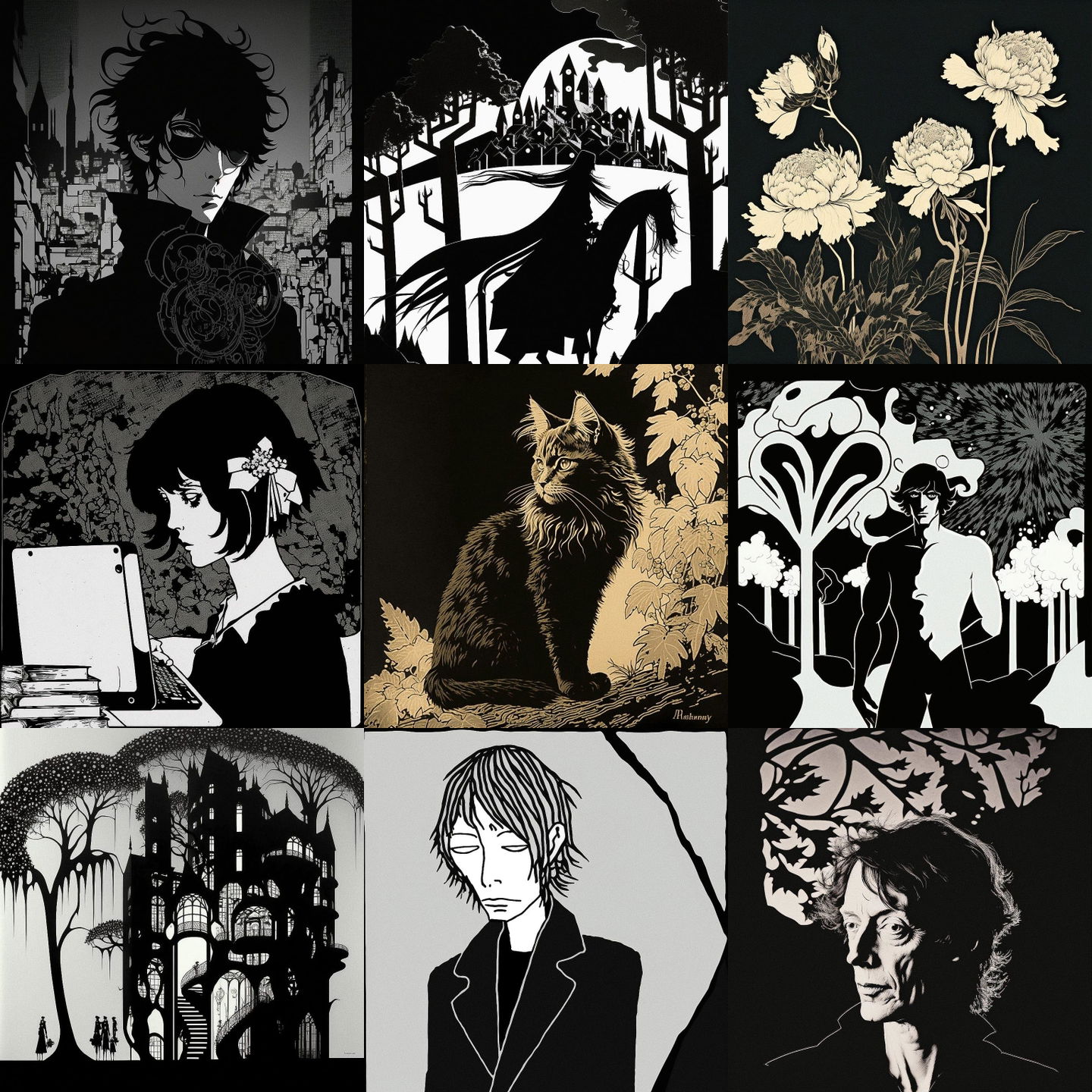 Aubrey Beardsley style, Midjourney V4: cyberpunk character by Aubrey Beardsley