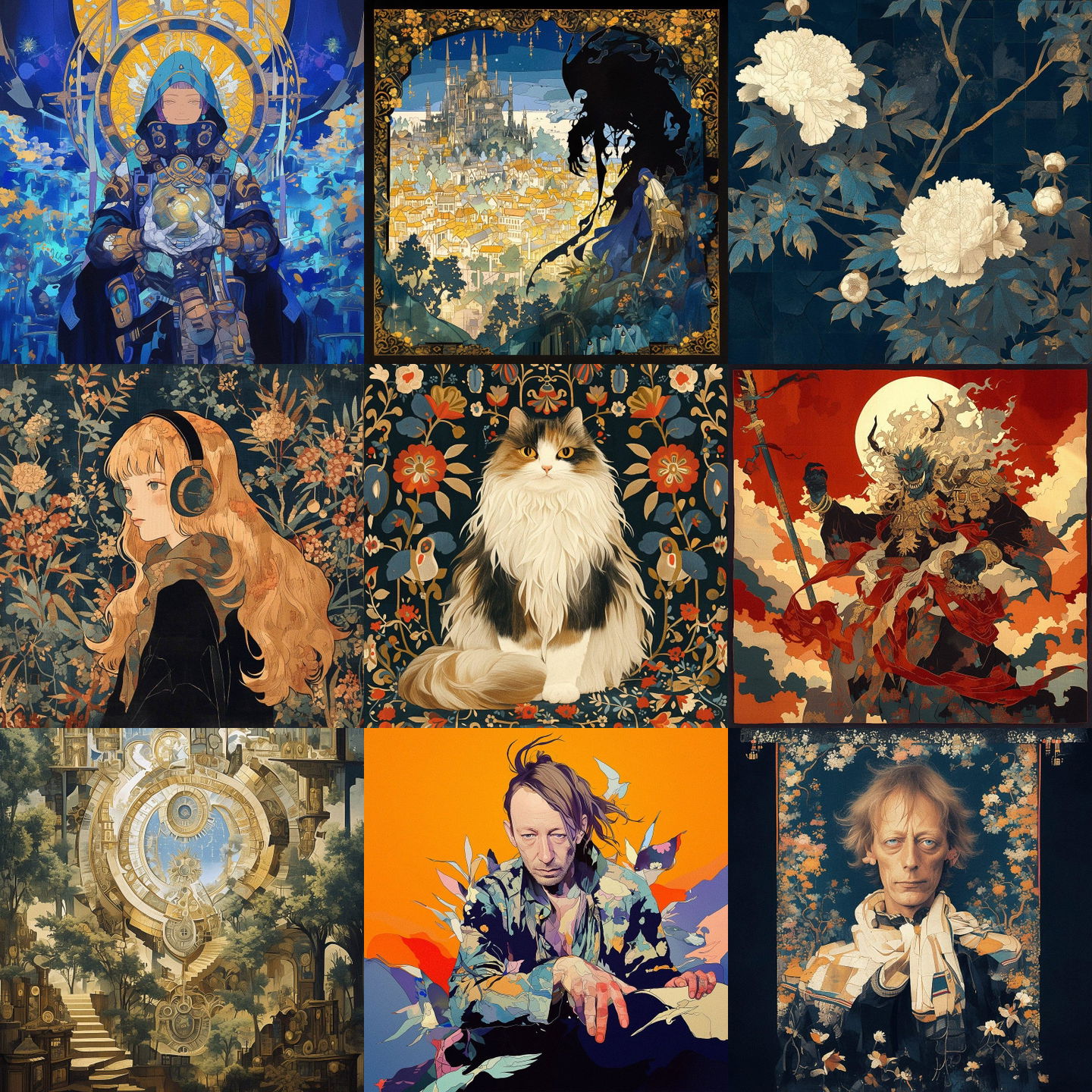 Aubusson tapestry style, Midjourney Niji 6: cyberpunk character as Aubusson tapestry