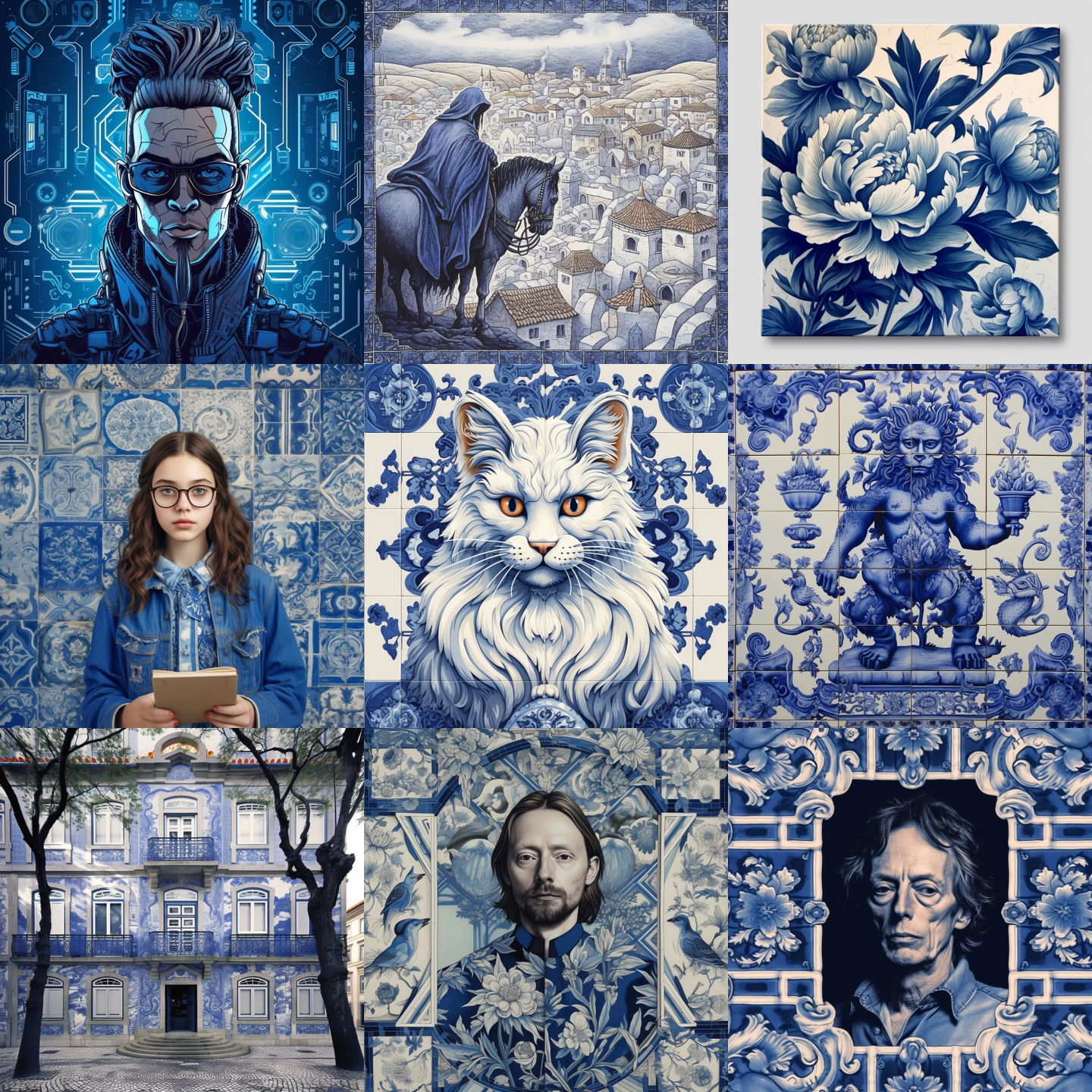 Azulejo style, Midjourney V5.1: cyberpunk character in style of Azulejo