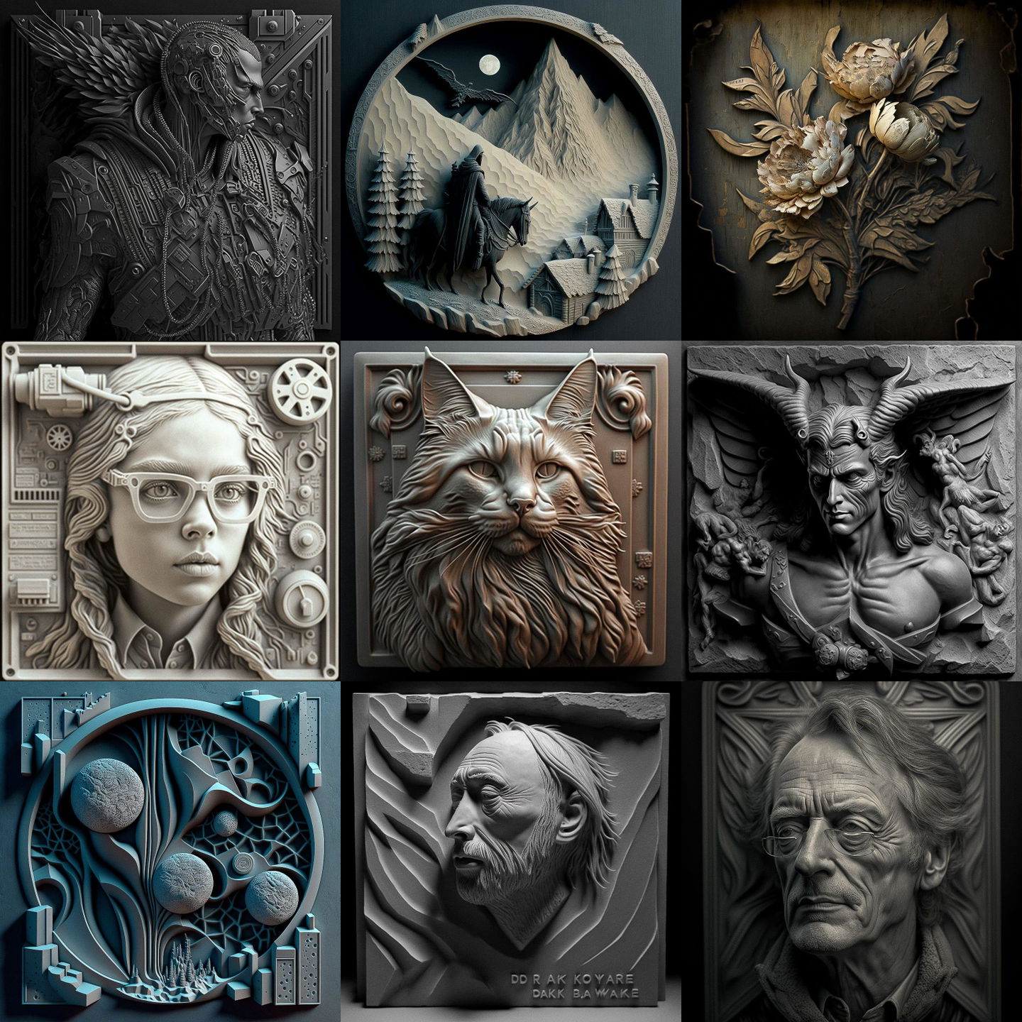 Bas-relief style, Midjourney V4: cyberpunk character. Bas-relief