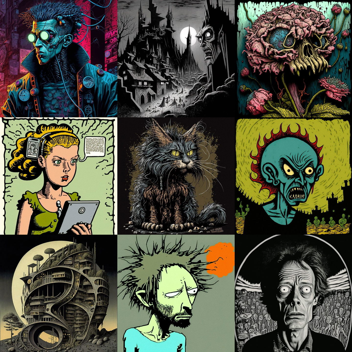 Basil Wolverton style, Midjourney V4: cyberpunk character by Basil Wolverton