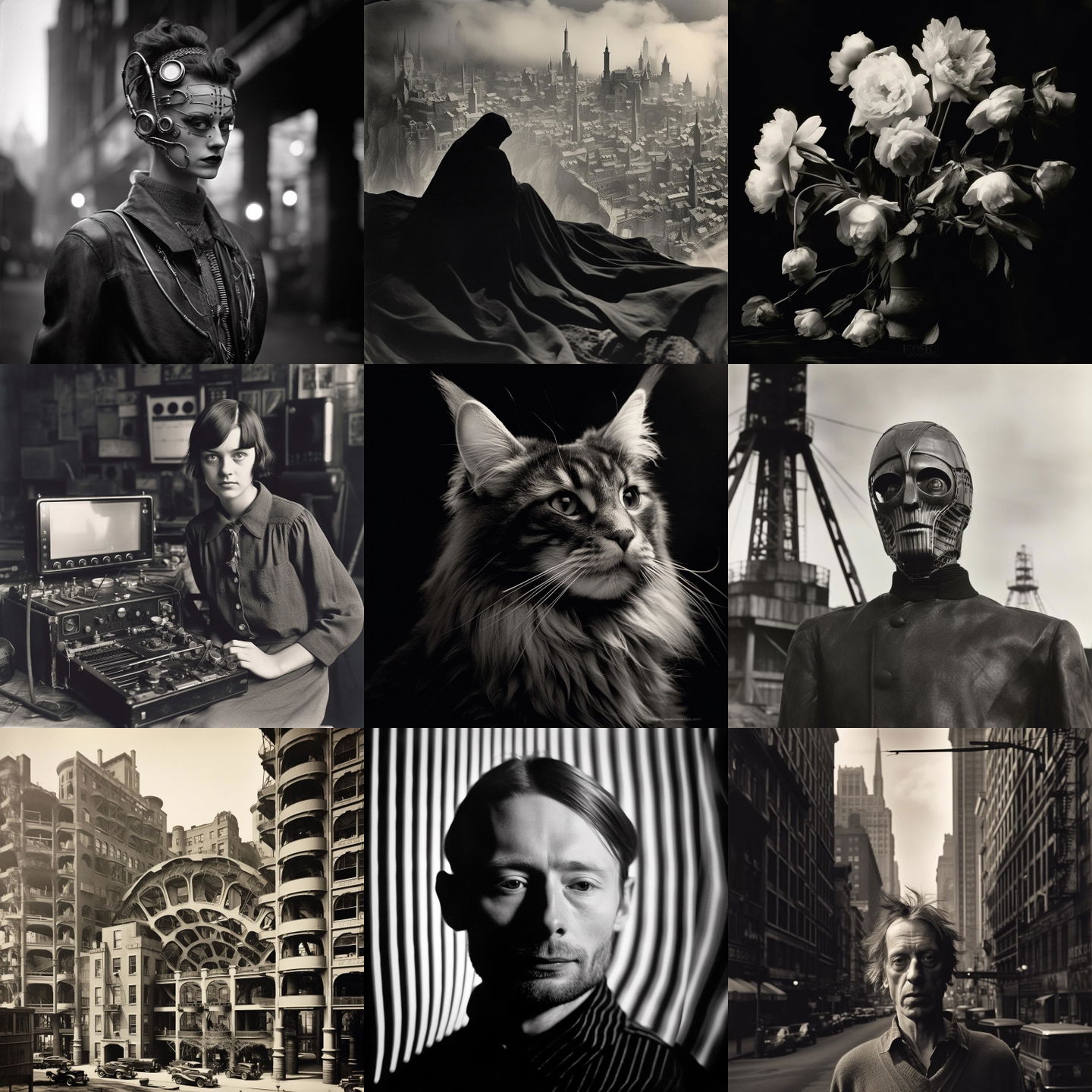 Berenice Abbott style, Midjourney V5.1: cyberpunk character by Berenice Abbott