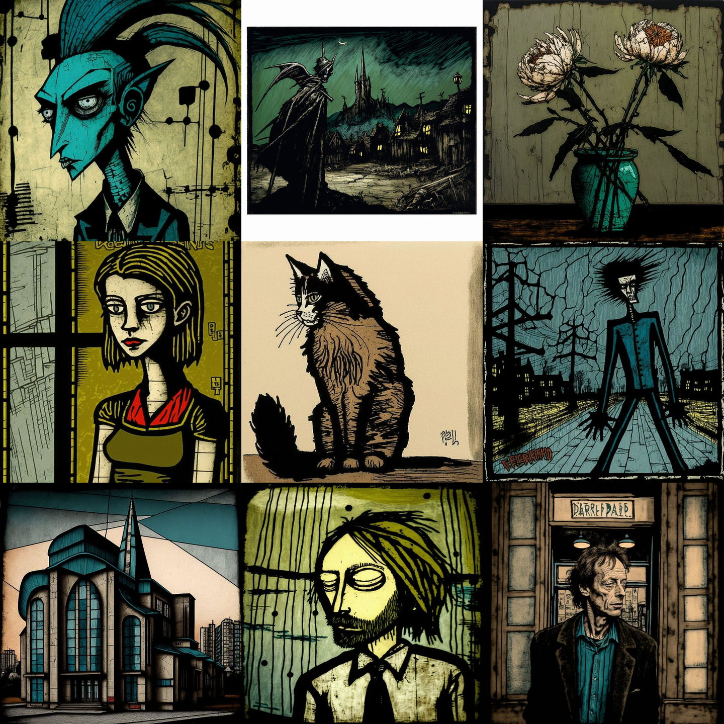 Bernard Buffet style, Midjourney V4: cyberpunk character by Bernard Buffet