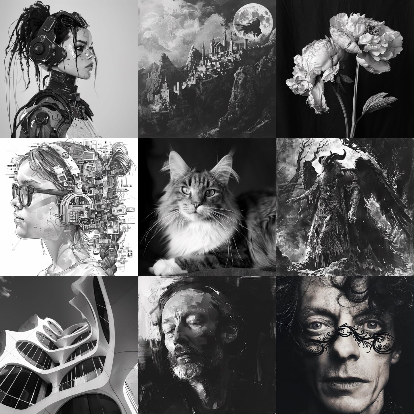 Black-and-white colors style, Midjourney V6: cyberpunk character in Black-and-white colors