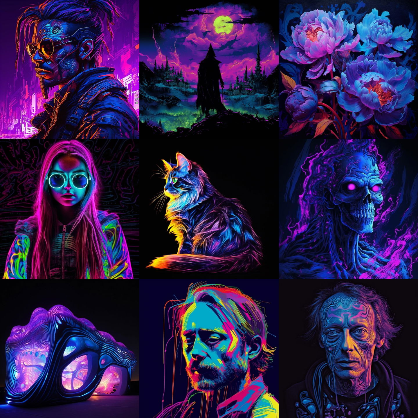 Blacklight paint style, Midjourney V5.1: cyberpunk character in Blacklight paint style
