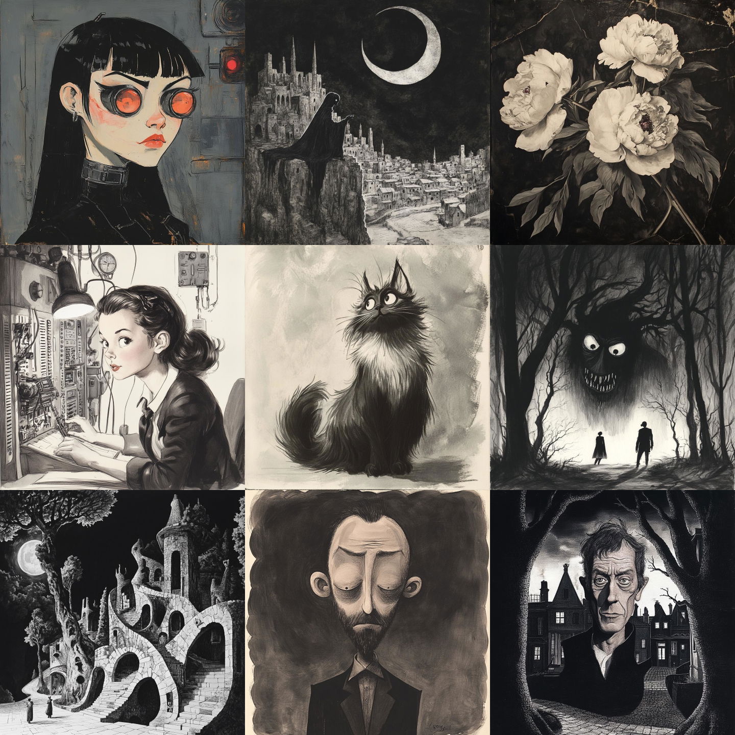 Charles Addams style, Midjourney V6.1: cyberpunk character by Charles Addams