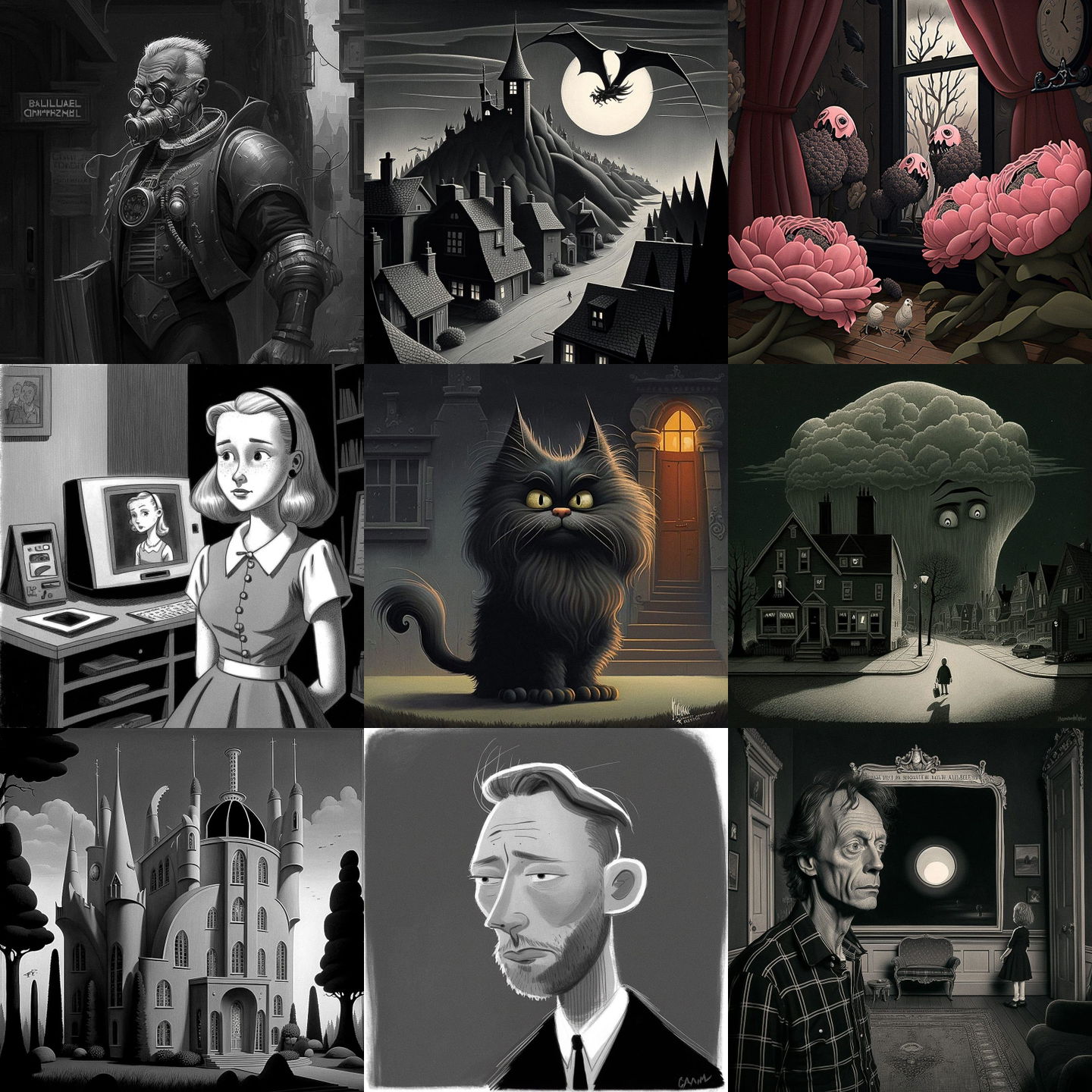 Charles Addams style, Midjourney V4: cyberpunk character by Charles Addams