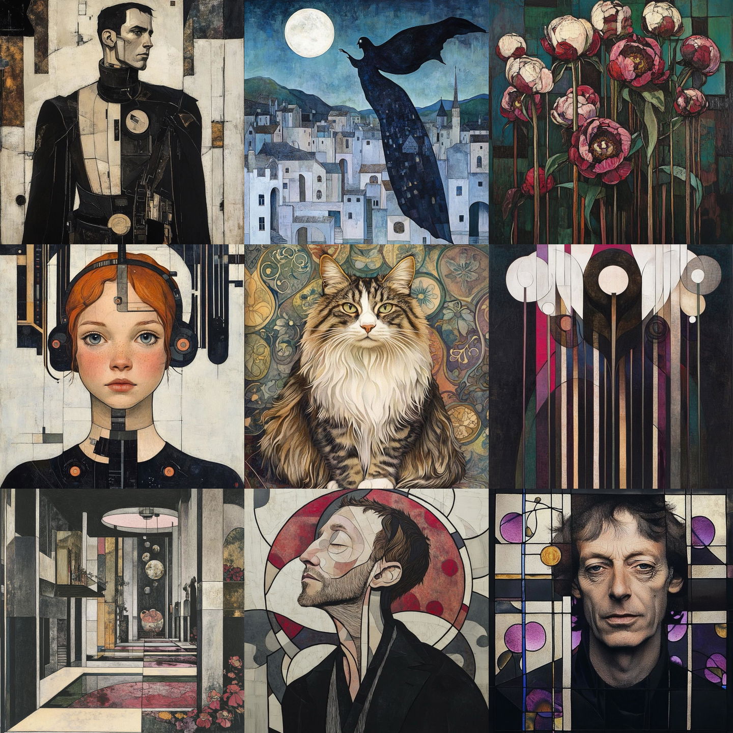 Charles Rennie Mackintosh style, Midjourney V6.1: cyberpunk character by Charles Rennie Mackintosh