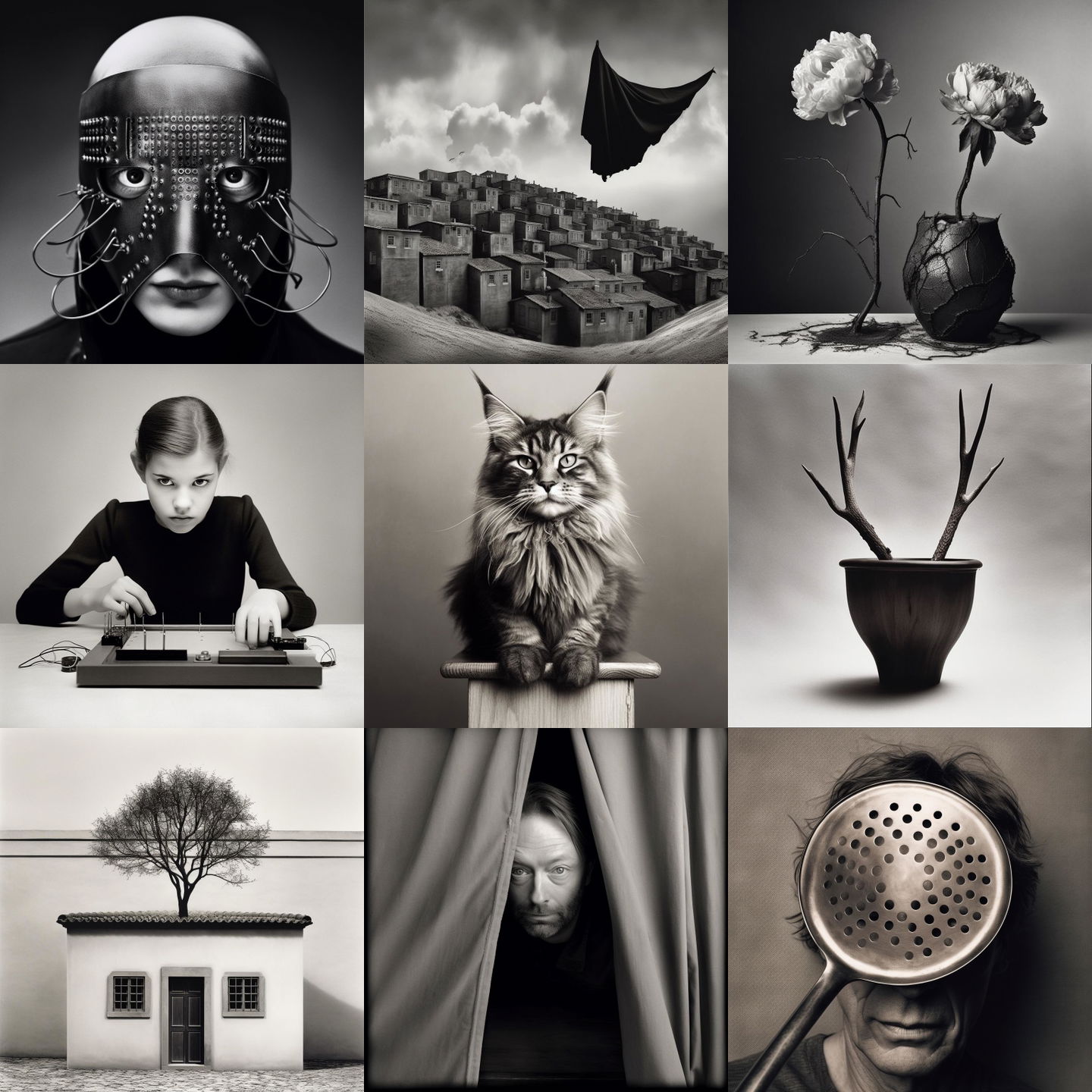 Chema Madoz style, Midjourney V5: cyberpunk character by Chema Madoz