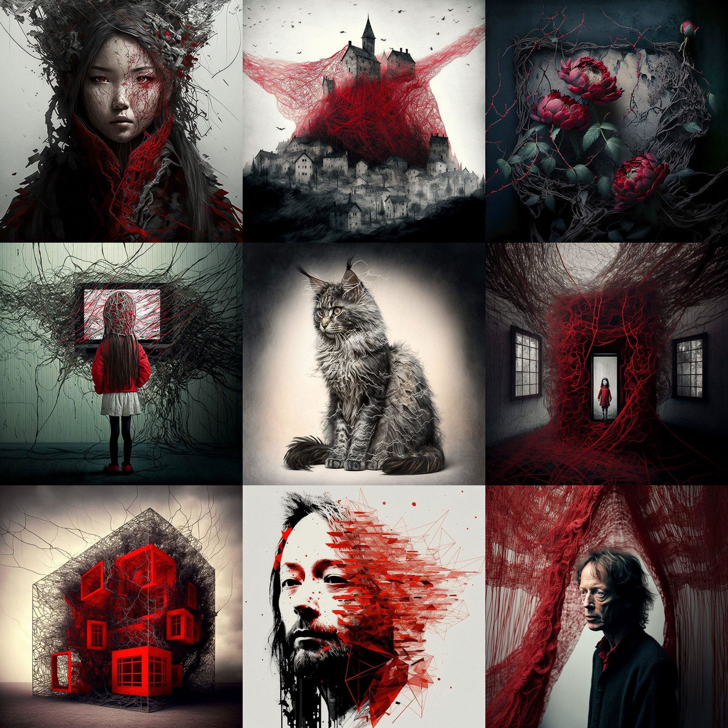 Chiharu Shiota style, Midjourney V4: cyberpunk character by Chiharu Shiota