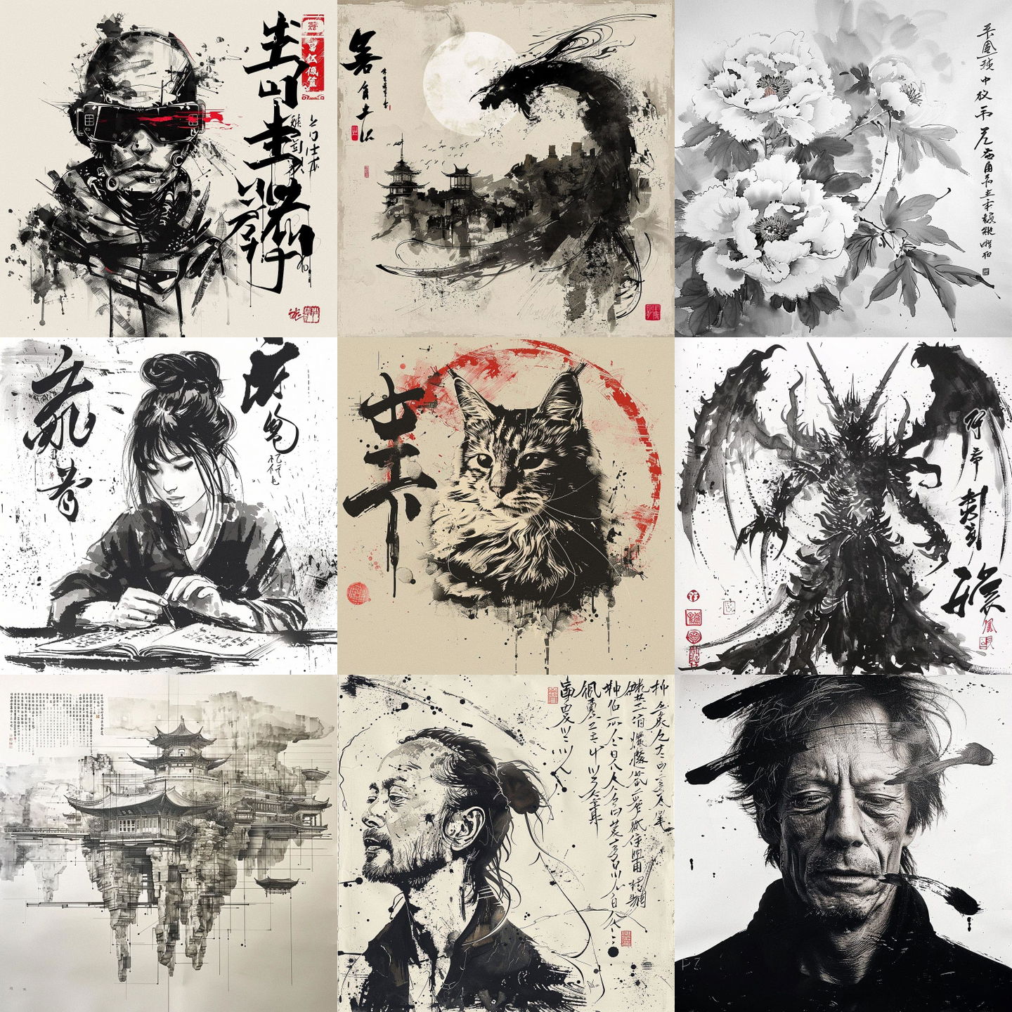 Chinese calligraphy style, Midjourney V6: cyberpunk character in Chinese calligraphy style