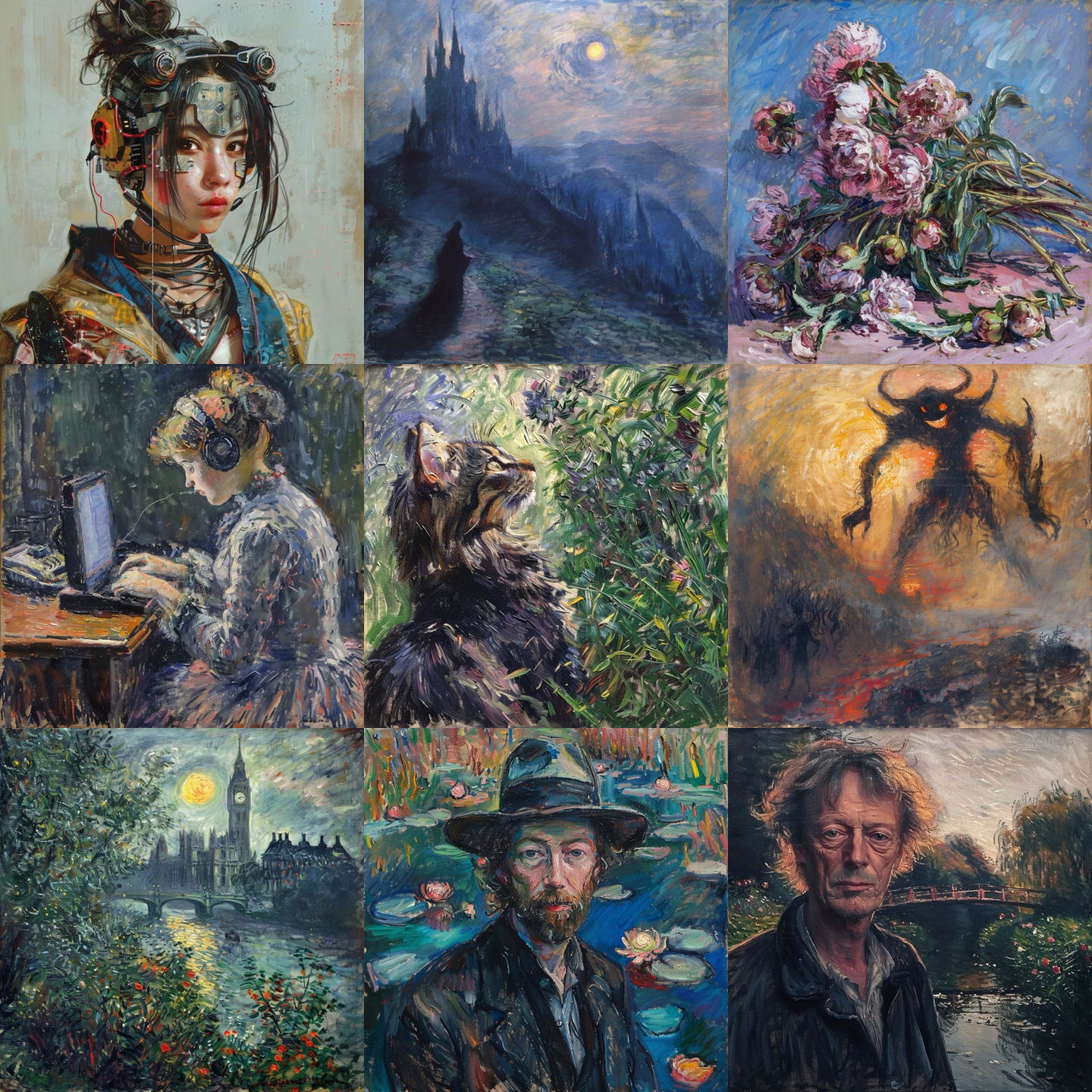 Claude Monet style, Midjourney V6: cyberpunk character by Claude Monet