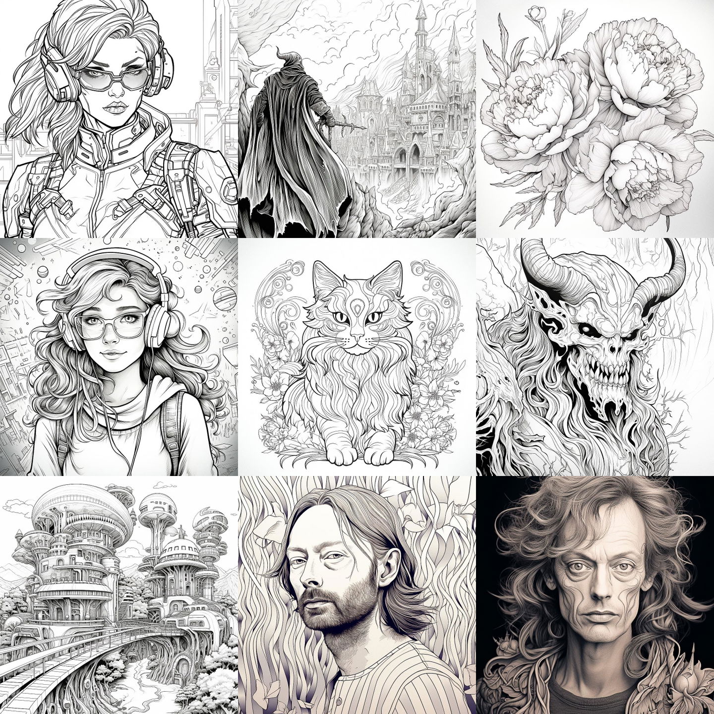 Coloring book page style, Midjourney V5.2: cyberpunk character. Coloring book page