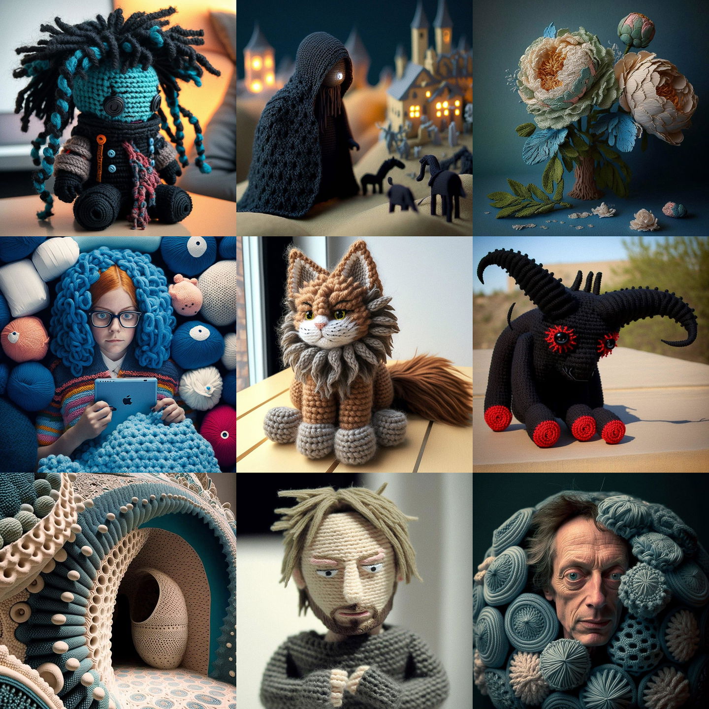Crocheted style, Midjourney V4: Crocheted cyberpunk character