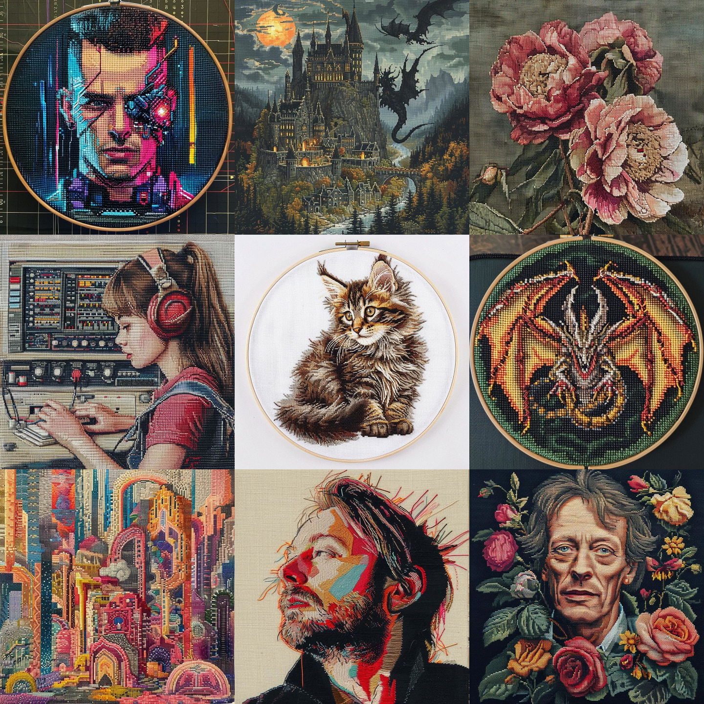 Cross-stitching style, Midjourney V6: cyberpunk character as Cross-stitching