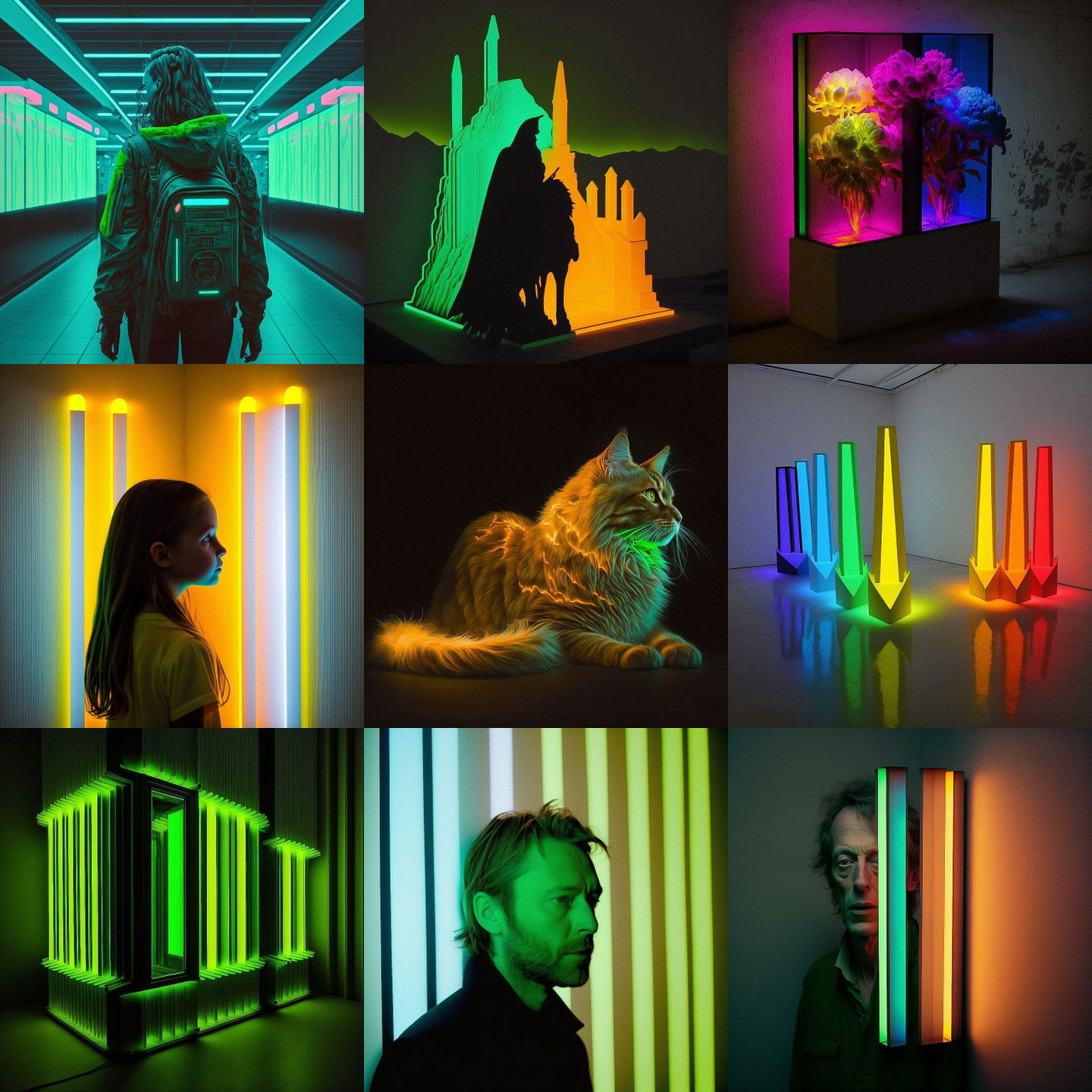 Dan Flavin style, Midjourney V4: cyberpunk character by Dan Flavin