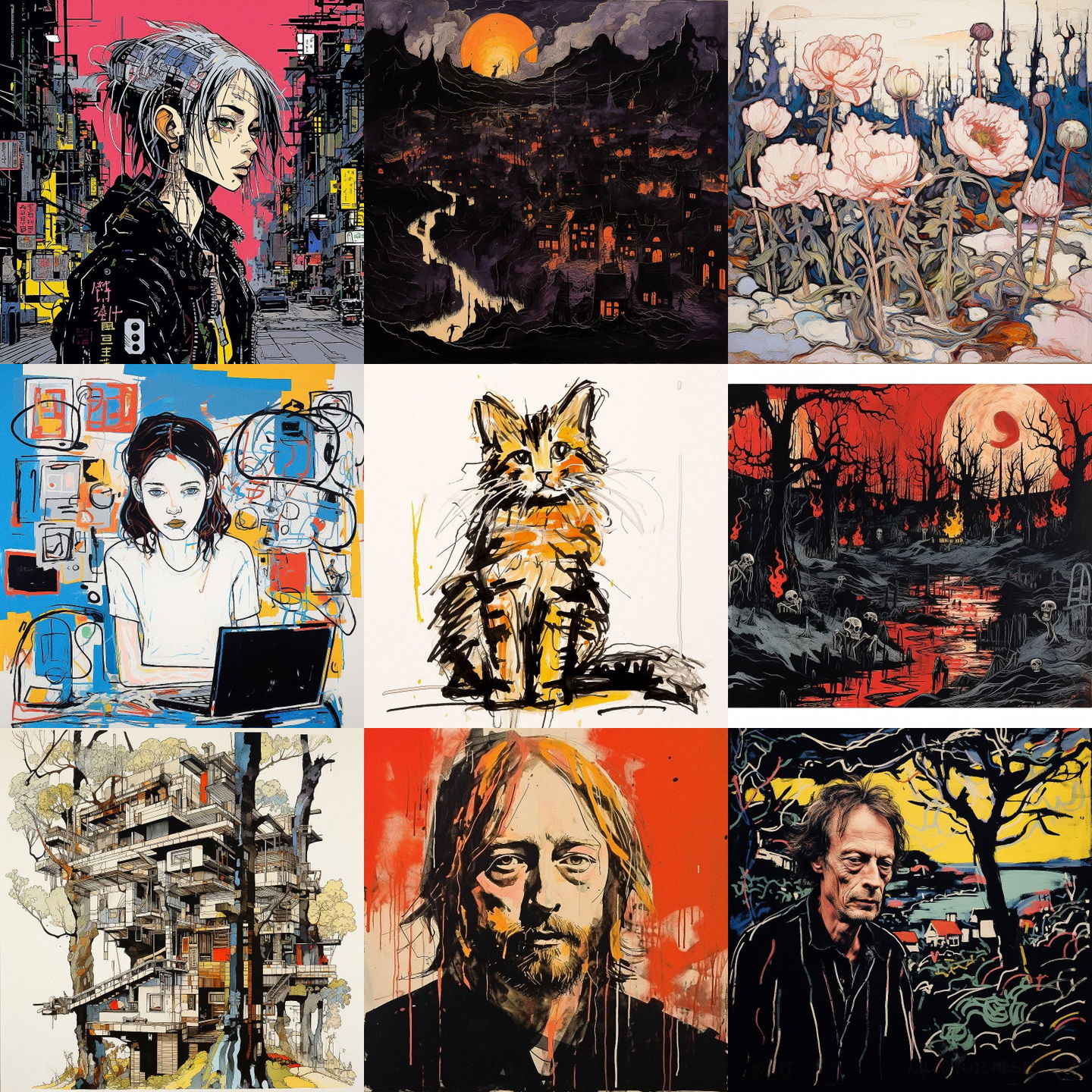 David Brown Milne style, Midjourney V5.2: cyberpunk character by David Brown Milne