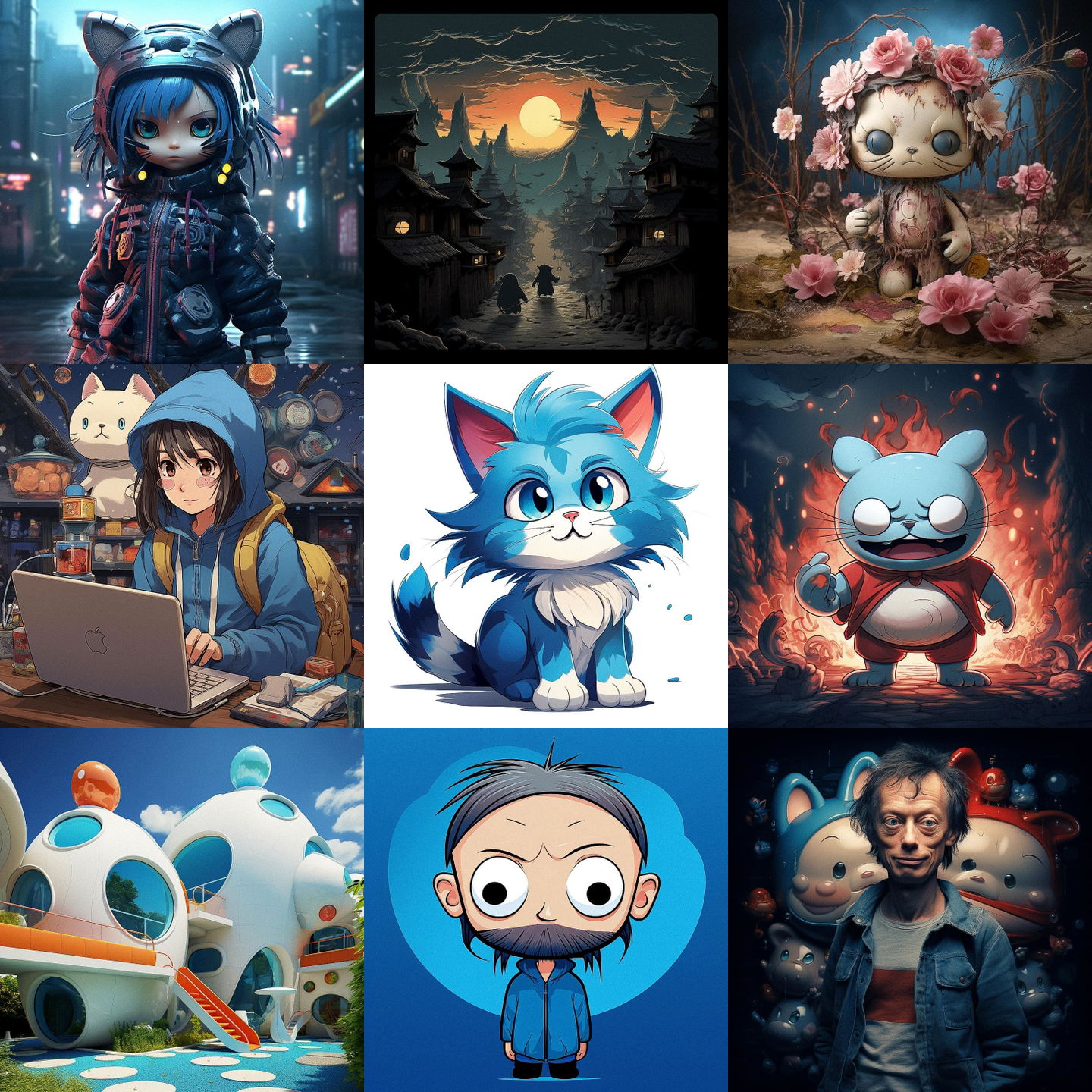 Doraemon style, Midjourney V5.2: cyberpunk character in Doraemon style