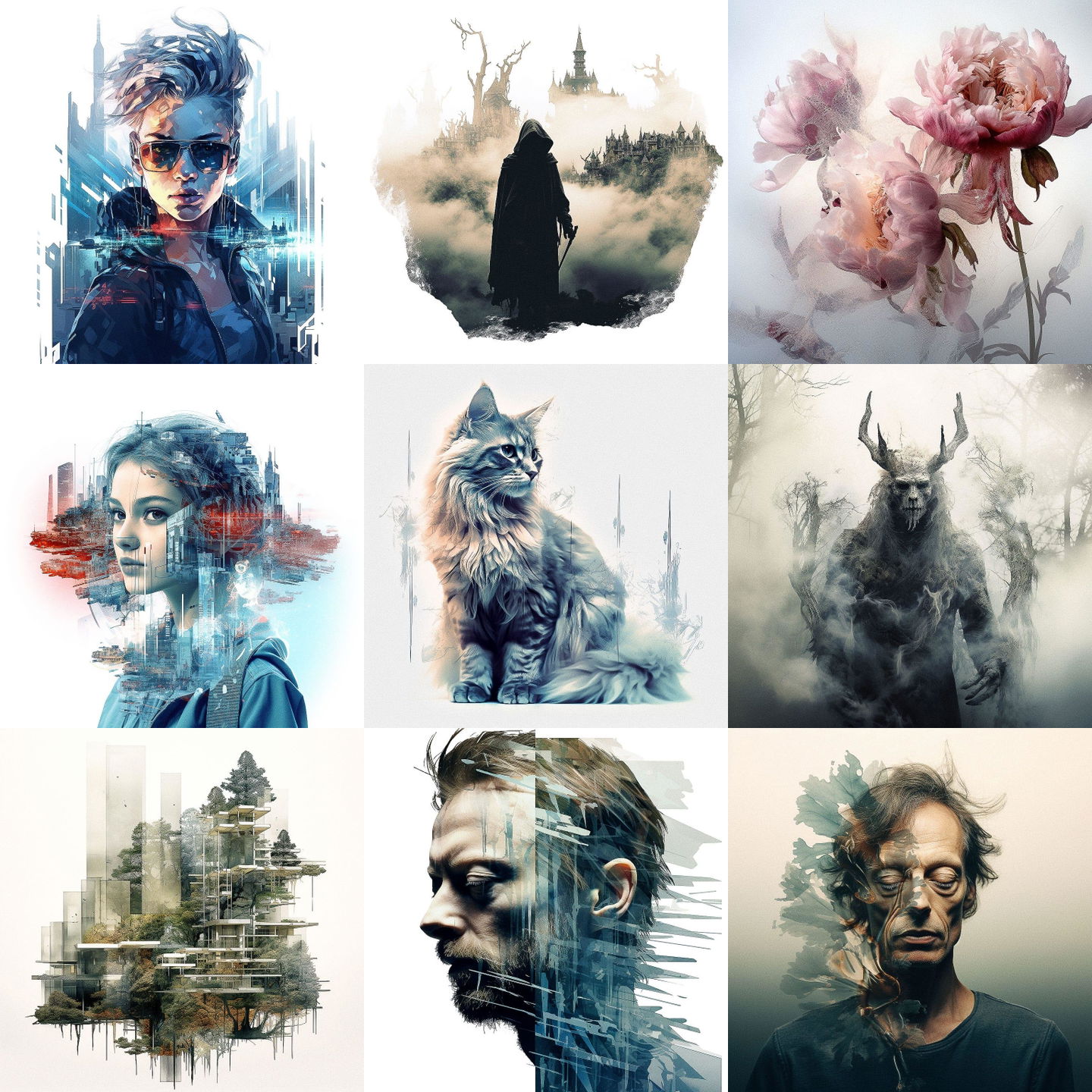 Double exposure style, Midjourney V5.2: cyberpunk character in Double exposure style