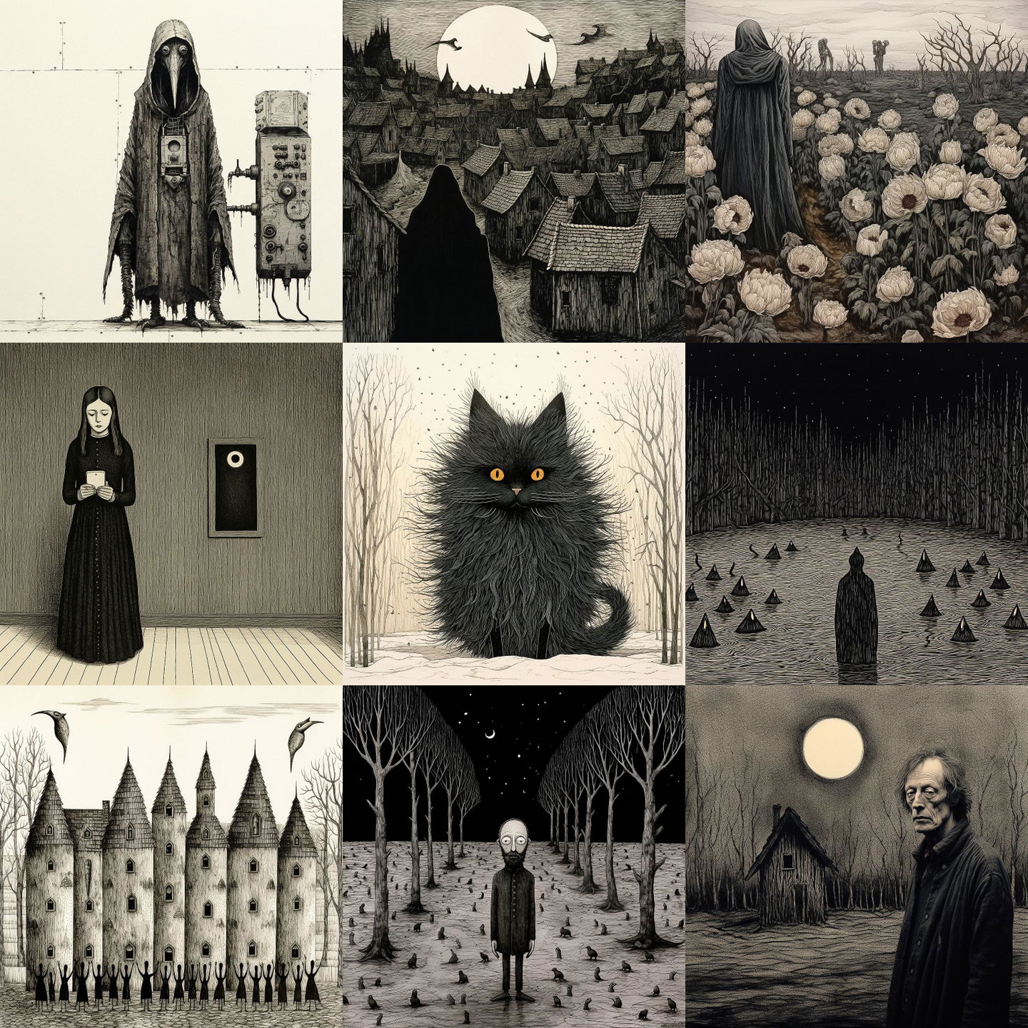 Edward Gorey style, Midjourney V5.2: cyberpunk character by Edward Gorey
