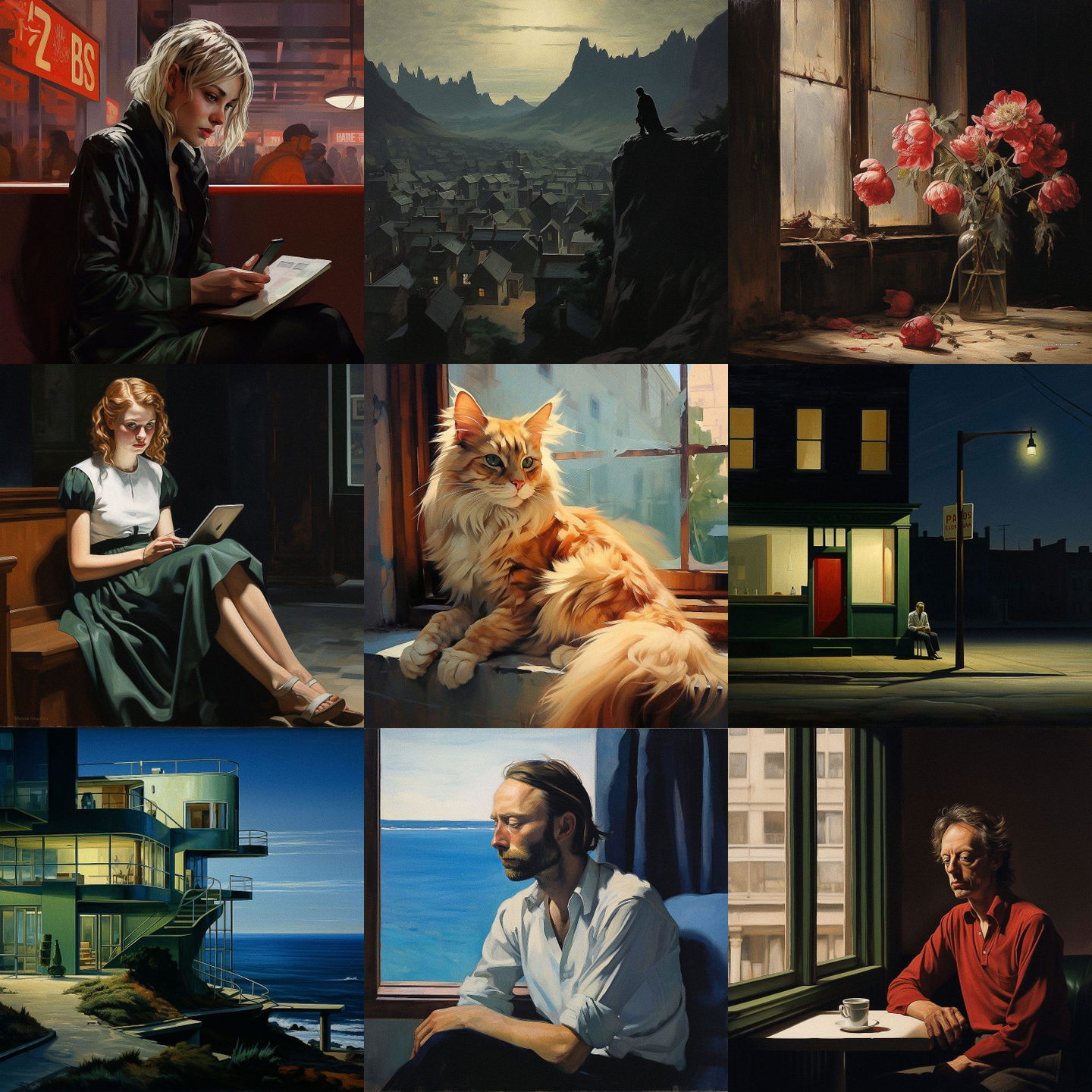 Edward Hopper style, Midjourney V5.2: cyberpunk character by Edward Hopper