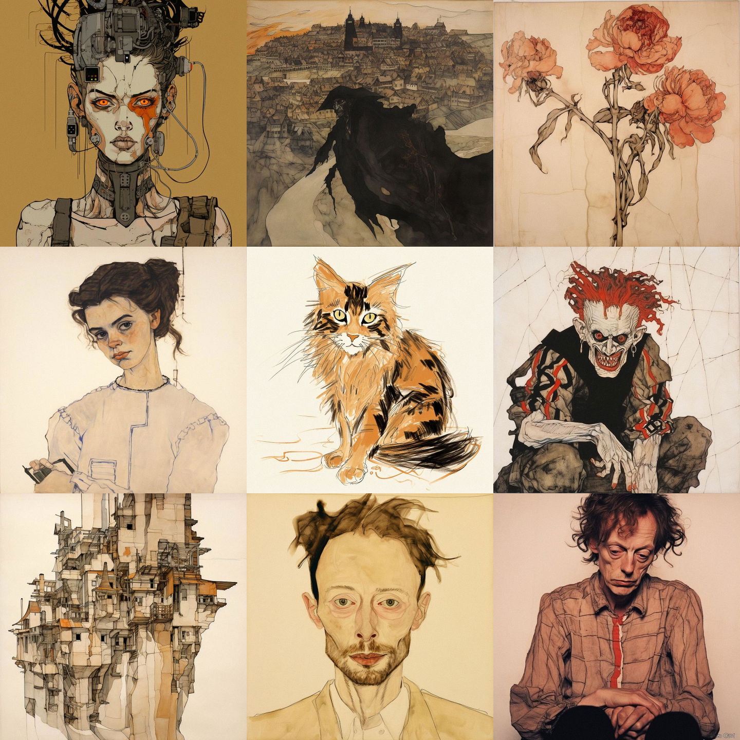 Egon Schiele style, Midjourney V5.2: cyberpunk character by Egon Schiele