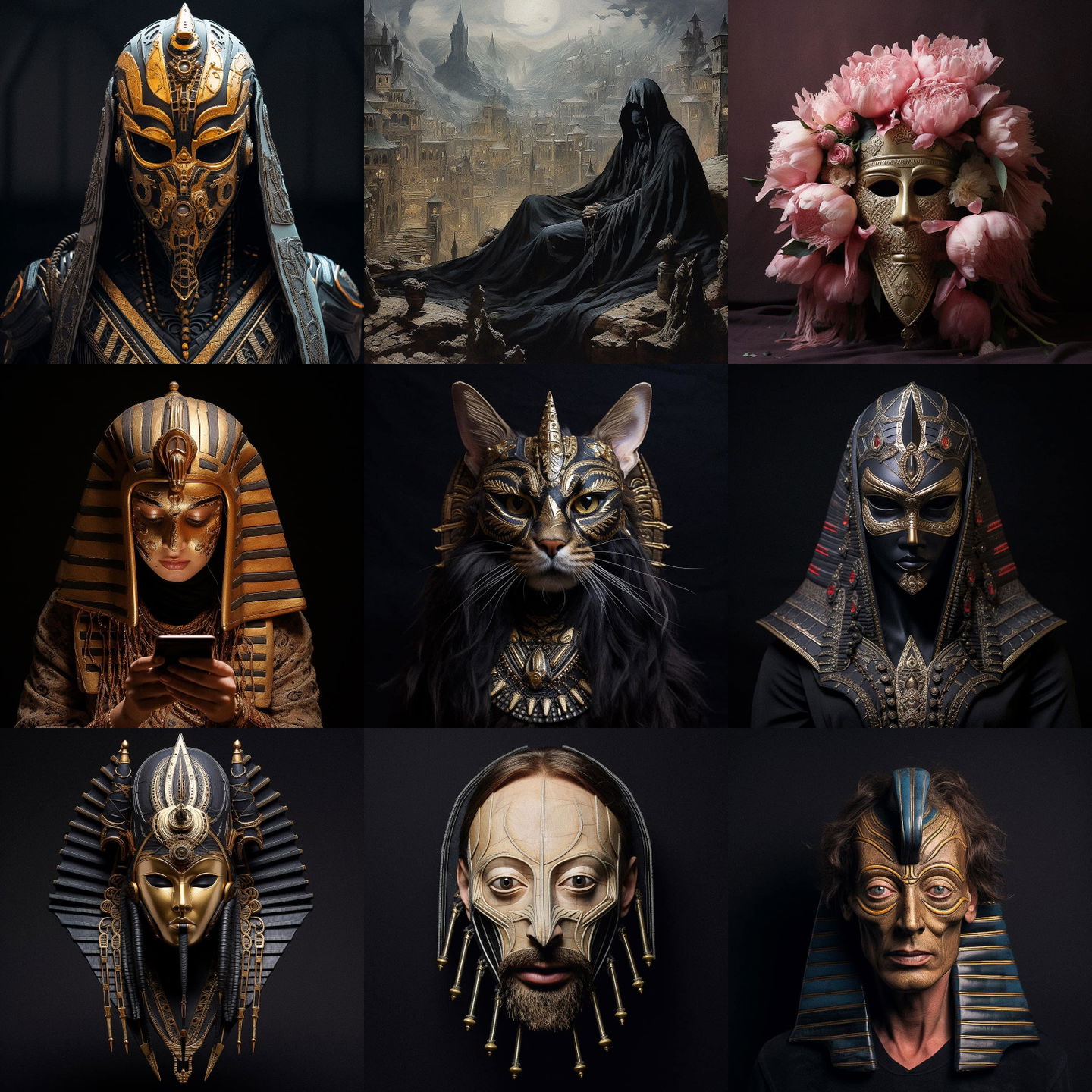 Egyptian funeral mask style, Midjourney V5.2: cyberpunk character as Egyptian funeral mask