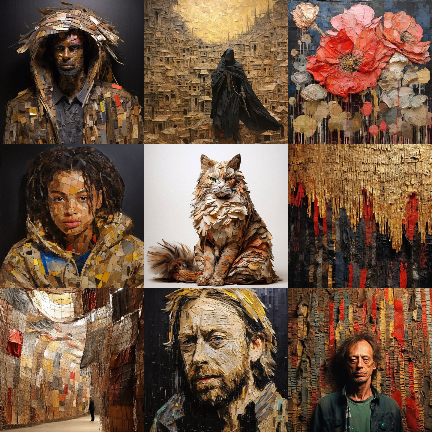 El Anatsui style, Midjourney V5.2: cyberpunk character by El Anatsui
